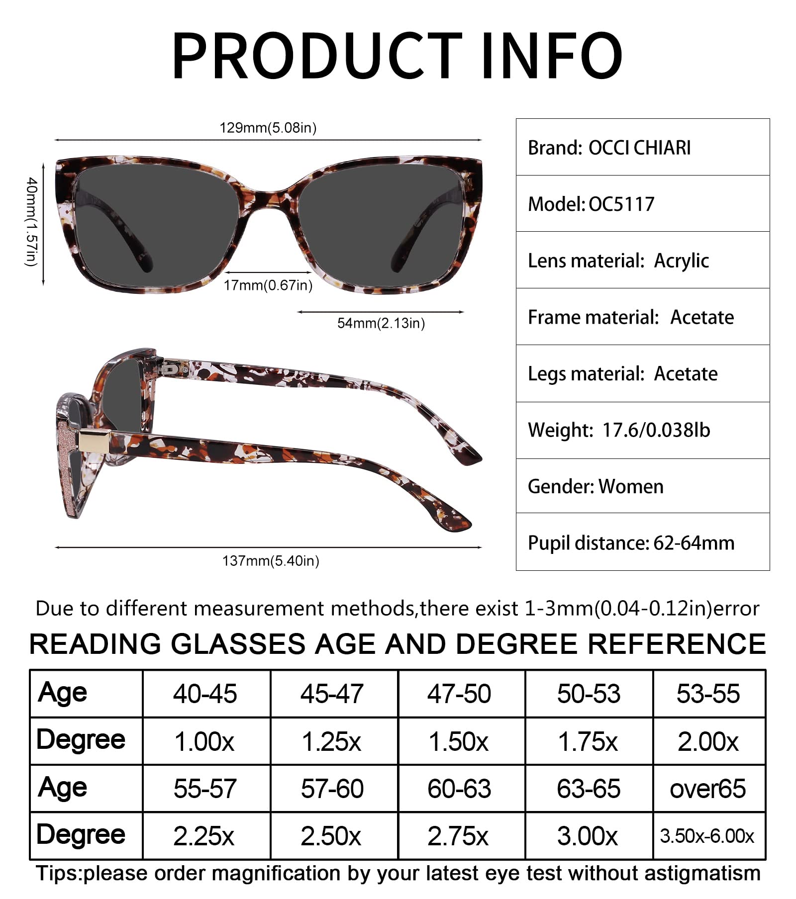 OCCI CHIARI Women's Oversized Blue Light Blocking Sunglasses UV400 Protection (1.0-3.5 Strength) for Reading, Driving & Outdoor Activities