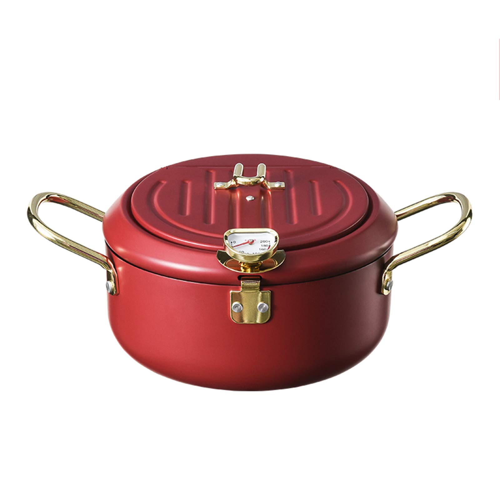 GL-GDD Stainless Steel Deep Fryer Pot with Thermometer & Non-Stick Coating - Oil Drip Rack Lid for Chicken, French Fries, Fish - Perfect for Home Kitchen & Restaurant Use (Wine Red)