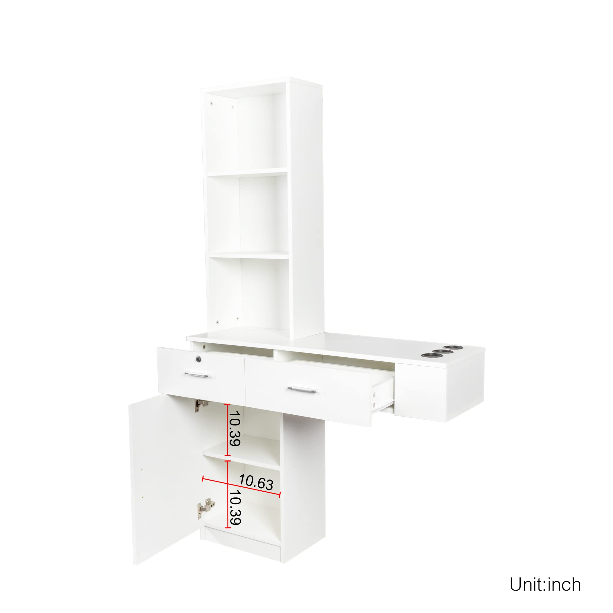 Wall Mount Salon Storage Organizer - 3 Compartments, 2 Drawers & 1 Bottom Cabinet for Hair Stylist Tools & Barber Equipment (White) | Perfect for Beauty Salons, Barber Shops & Home Styling Stations