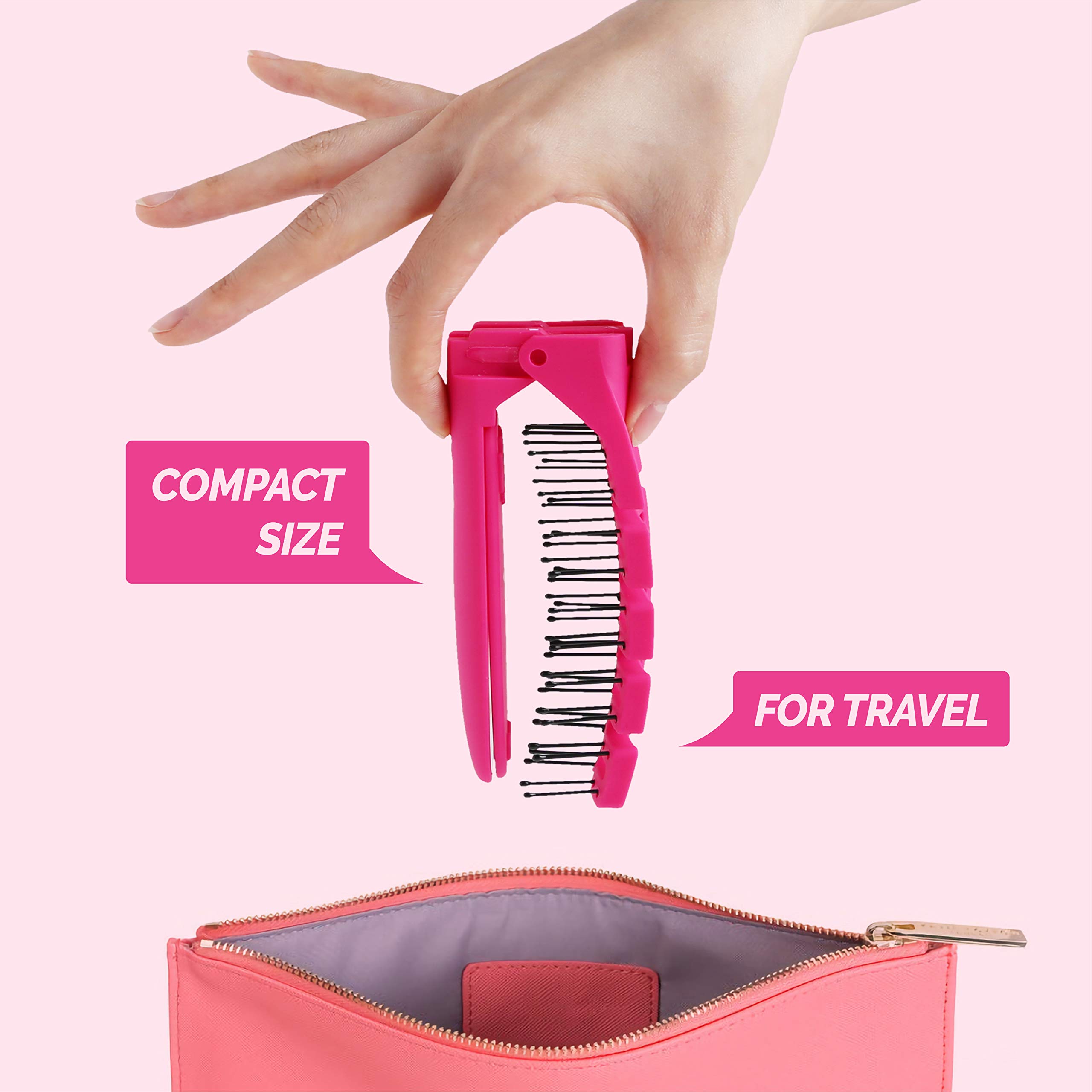 F3 Systems Folding Hair Brush with Mirror - Compact Travel Hairbrush for Adults & Kids, Detangling Comb for Wet & Dry Hair - Portable Pocket Size for Shiny Healthy Hair - Perfect for Travel, Gym, Purse & On-the-Go Styling
