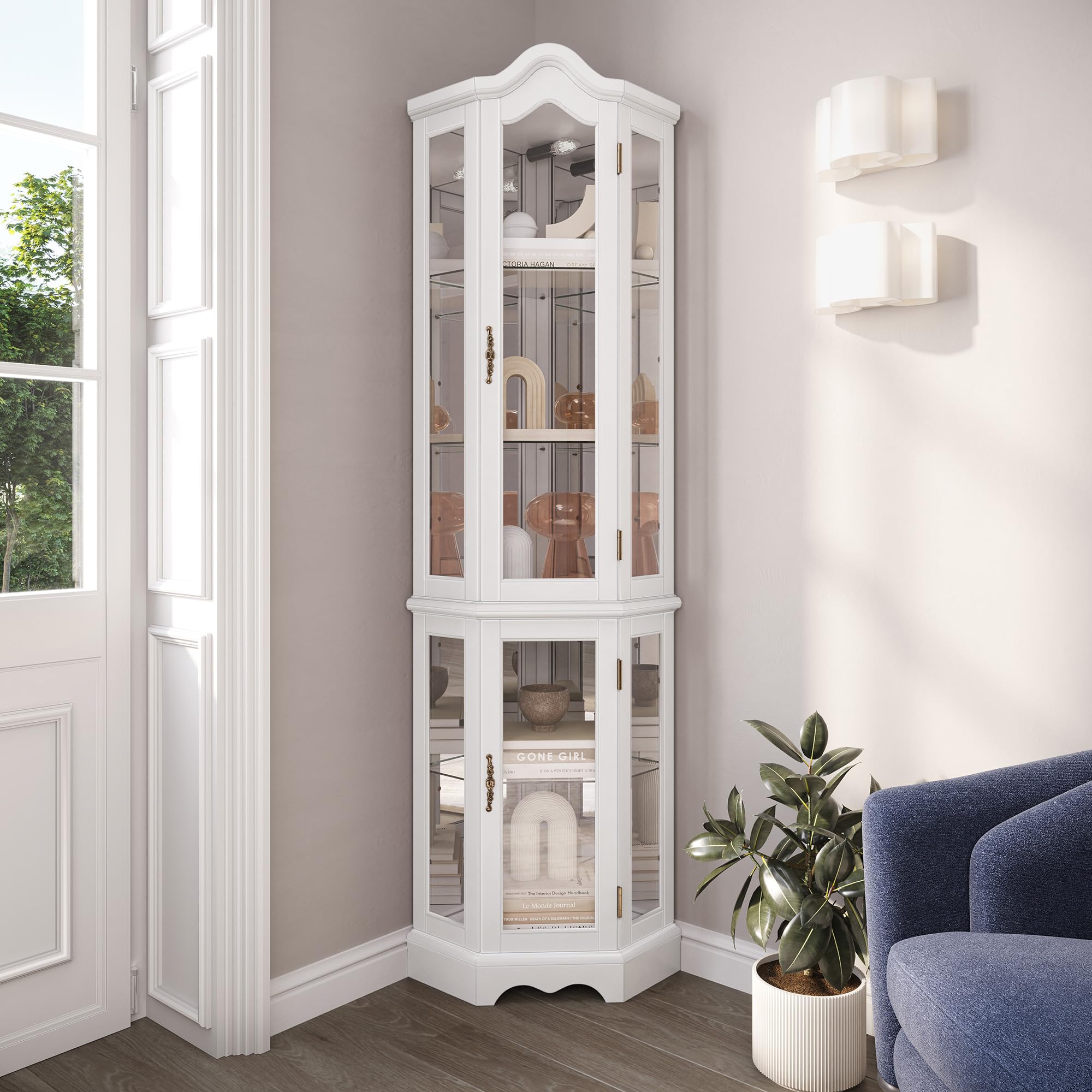 BELLEZE Lighted 3-Side Glass Display Curio Cabinet with Tempered Glass Doors & Shelves - Curved Wood Corner Cabinet with LED Bulbs - White Corner Storage Rack for Living Room, Dining Room & Office Decor