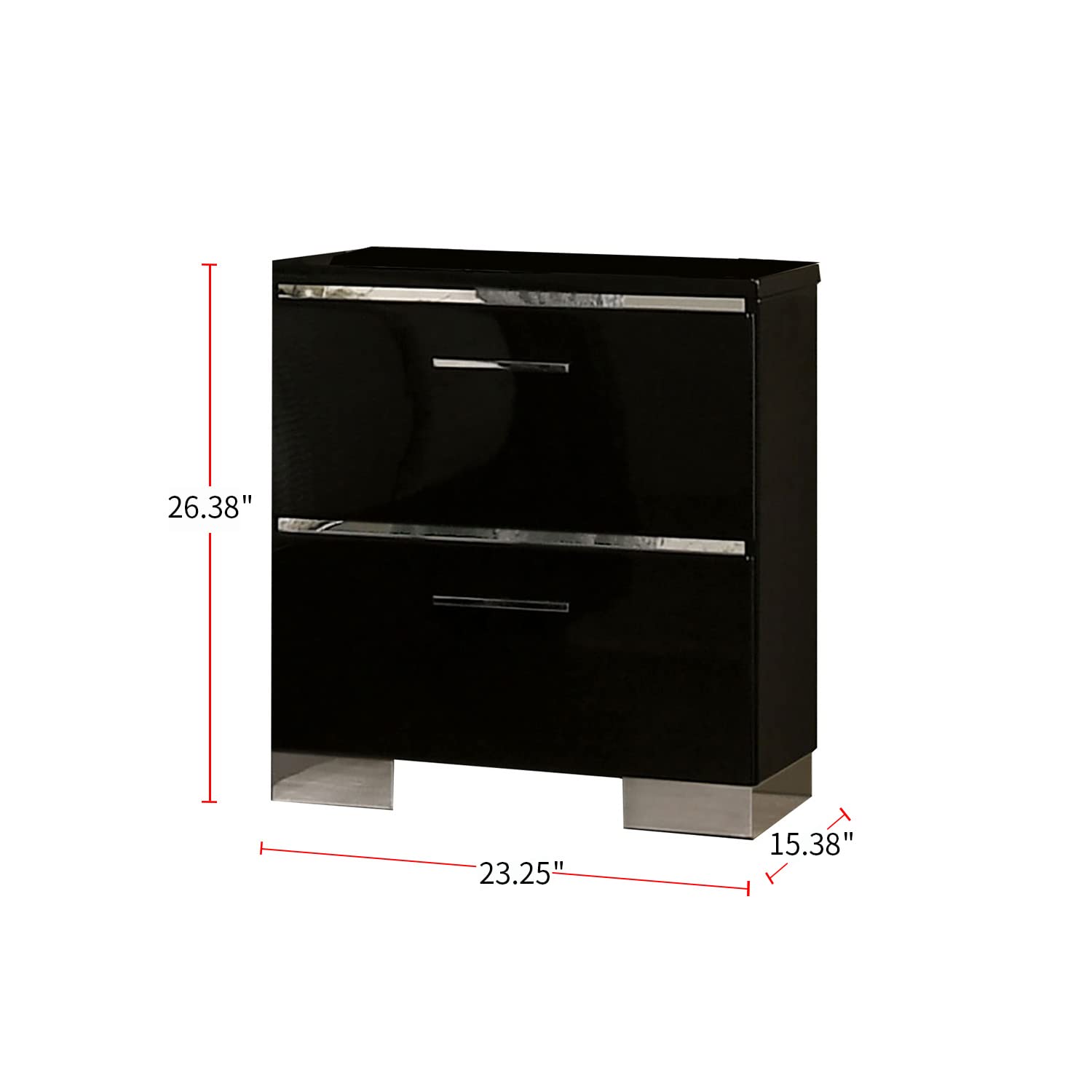 Black 2-Drawer Nightstand with Chrome Handles & Feet - Modern Bedside Table for Bedroom, Living Room, or Office Storage