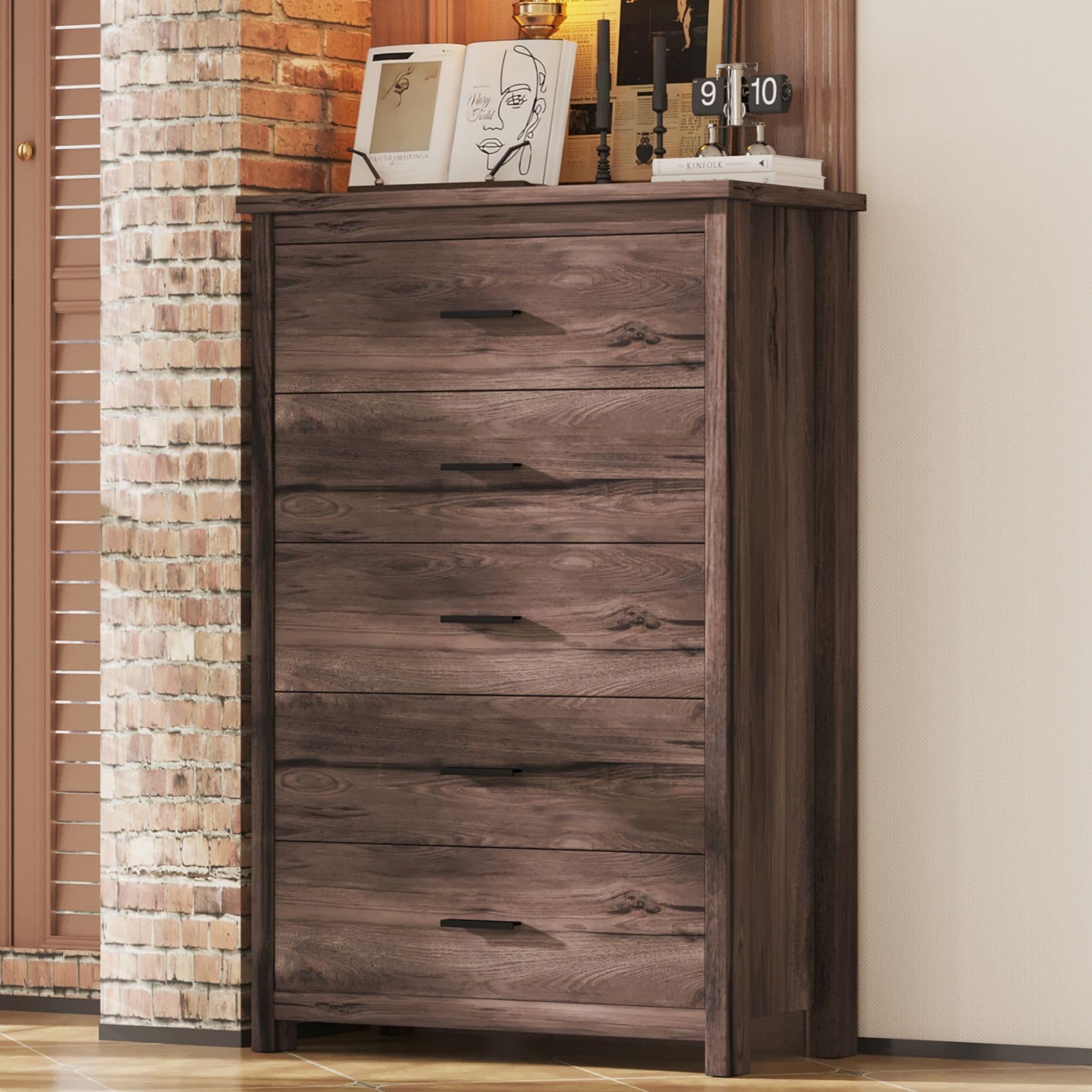 Merax 4-Piece Queen Size Bedroom Set with USB Charging Headboard, 5-Drawer Dresser & 2 Nightstands - Walnut Wood Platform Bed Frame for Modern Master Bedroom & Guest Room Decor