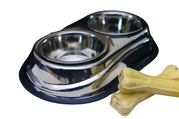 Stainless Steel Twin Diner Dog Bowls - Anti Spill & Anti Skid Pet Food Bowls (0.45L/1 Pint, Black) - Perfect for Messy Eaters & Small to Medium Dogs at Home or Travel