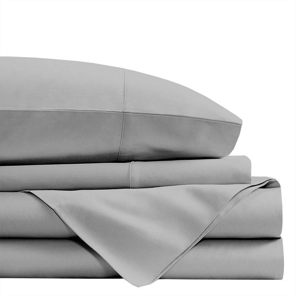 4-Piece Queen Size 100% Cotton Sheet Set - 1 Flat Sheet, 1 Fitted Sheet & 2 Pillowcases (18 Inch Deep Pocket) Light Grey - Soft & Breathable Bedding for Comfortable Sleep