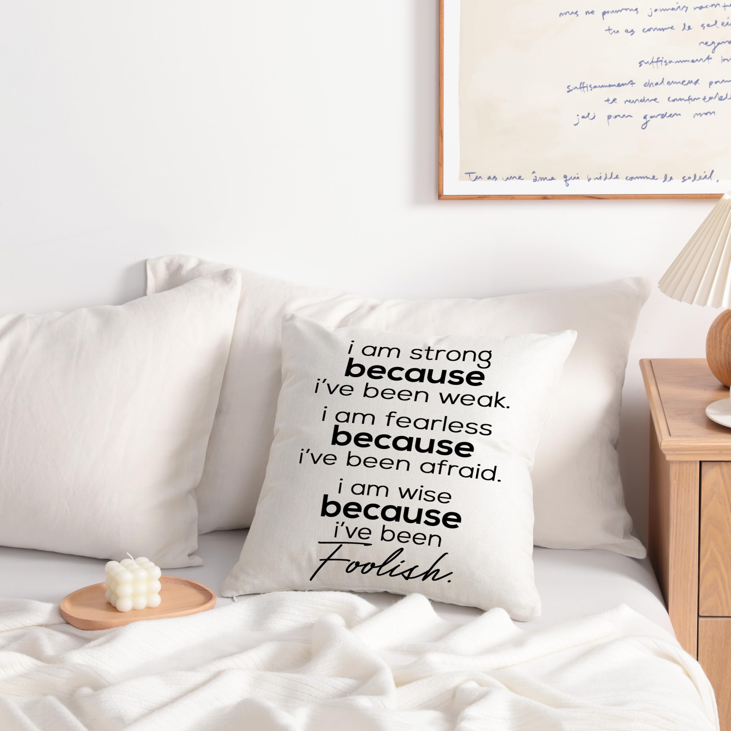 BEDSUM 18x18 Inch Linen Throw Pillow Cover - Farmhouse Style Decorative Cushion Cover with 'Strong Fearless Wise' Embroidery for Living Room Sofa, Couch & Bed | Perfect for Home Decor, Cozy Reading Nook & Rustic Interior Design