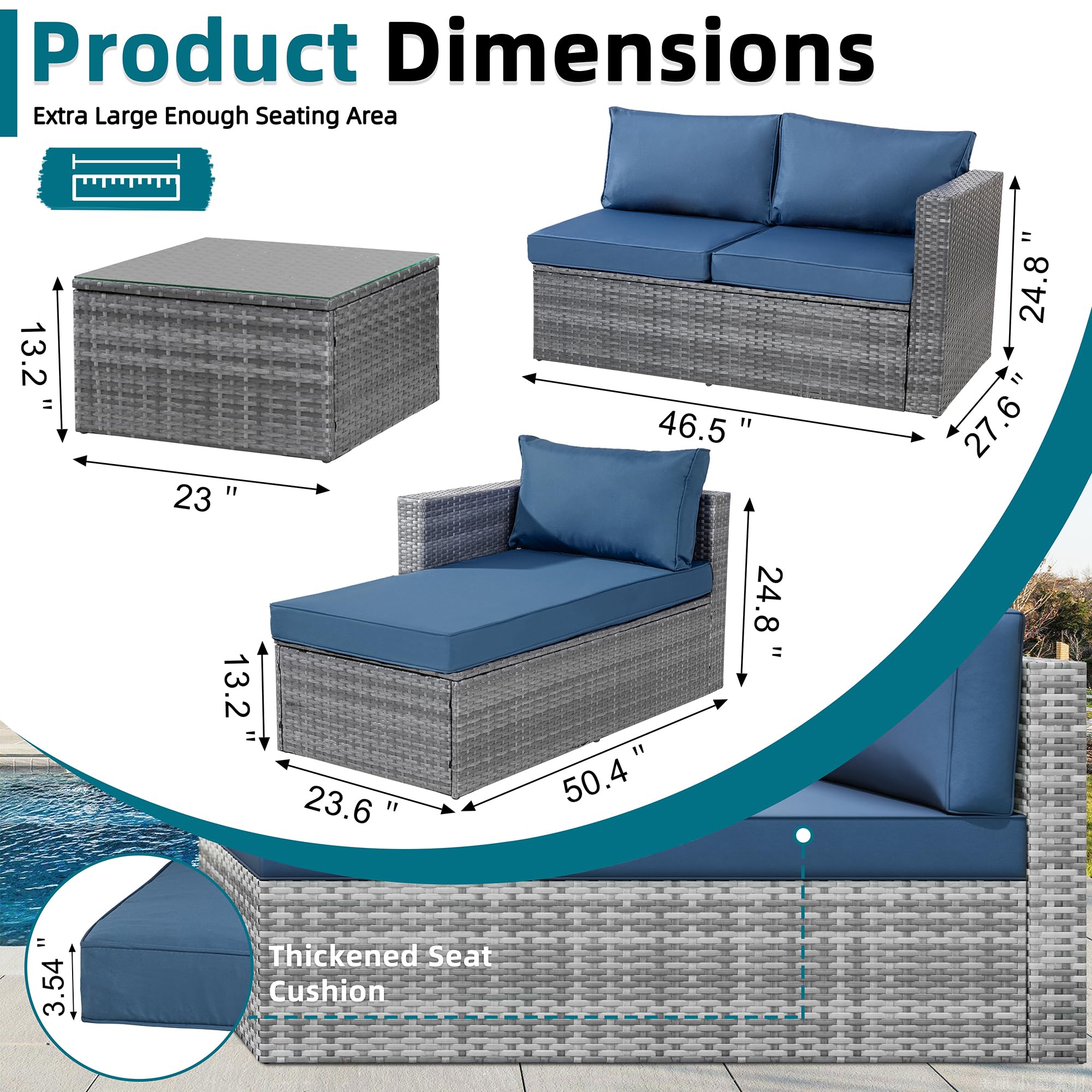 Premium 3-Piece Outdoor Patio Furniture Set with Detachable Cushions - All-Weather PE Rattan Sectional Sofa & Glass Coffee Table (Silver/Aegean Blue) - Perfect for Backyard, Garden, Poolside & Terrace Relaxation