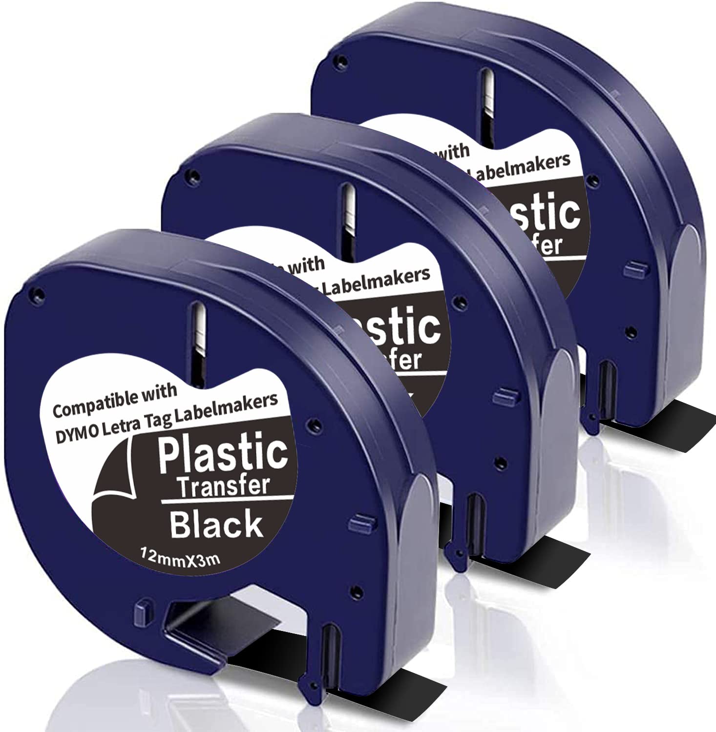 3-Pack White on Black Plastic Label Tape Refills 12mm x 3m - Compatible with Dymo LetraTag LT 100H 100T QX50 Handheld Label Makers - Perfect for Office Organization, Shipping Labels & Home Storage