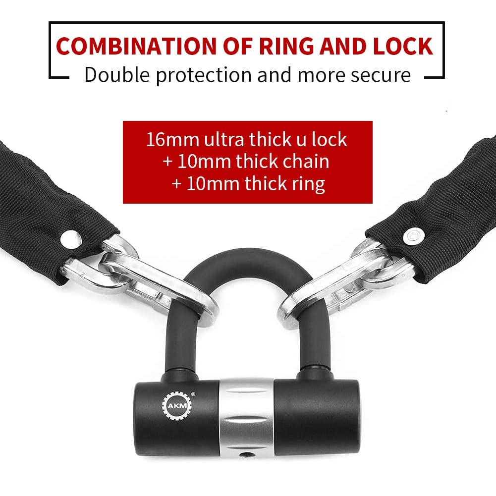 AKM 10ft/300cm x 10mm Heavy Duty Motorcycle Chain Lock - Anti-Theft Security Bike Lock with 16mm U Lock & 4 Keys - Super Long Durable for Motorcycles, Bicycles, Trailers, Containers - Perfect for Outdoor Parking, Storage Security & Travel Protection