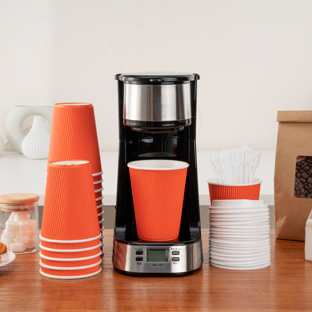 12 oz Tangerine Orange Ripple Wall Paper Coffee Cups with White Lids - 3.5