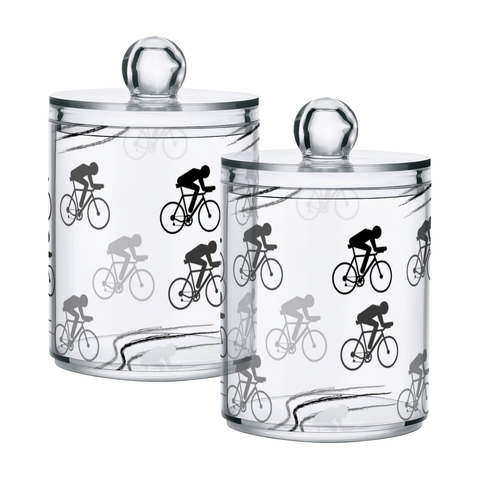 2-Pack 10 oz Translucent Plastic Storage Jars with Lids - Black Cycling Sport Figures Design - Airtight Food Containers for Tea, Cookies, Cotton Swabs | Perfect for Kitchen Pantry Organization & Craft Supply Storage