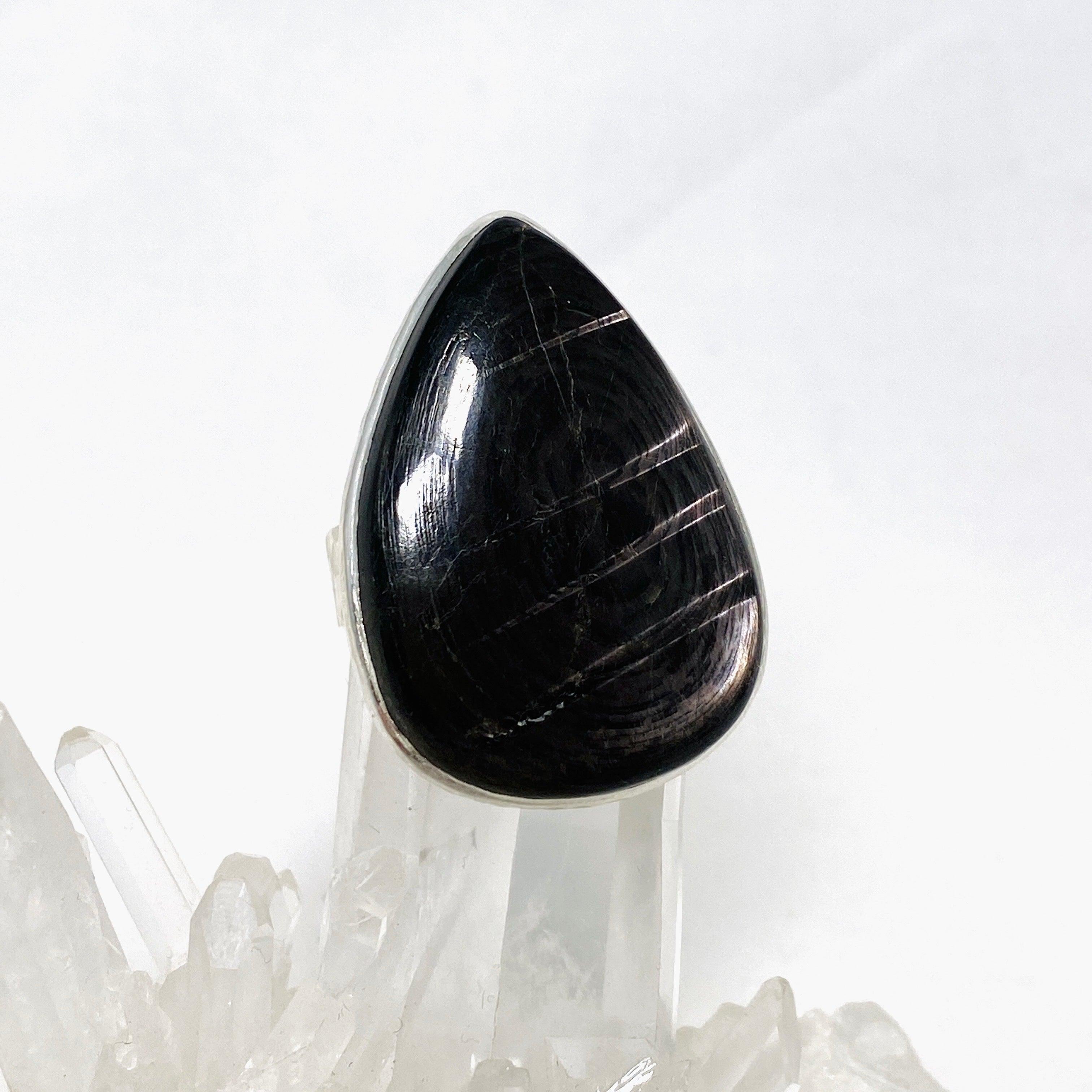Hypersthene Teardrop Hammered Band Ring - Size 10 - KRGJ3151 | Handmade Boho Jewelry for Women, Gift for Her, Wedding, Anniversary & Everyday Wear