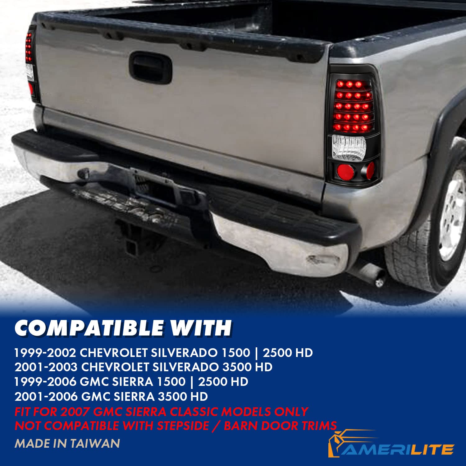 AmeriLite Black LED Replacement Brake Tail Lights Set for 1999-2002 Chevy Silverado & 1999-2006 GMC Sierra - Left & Right Side - Durable, Bright LED Lights for Enhanced Safety - Perfect for Night Driving, Off-Roading, and Towing