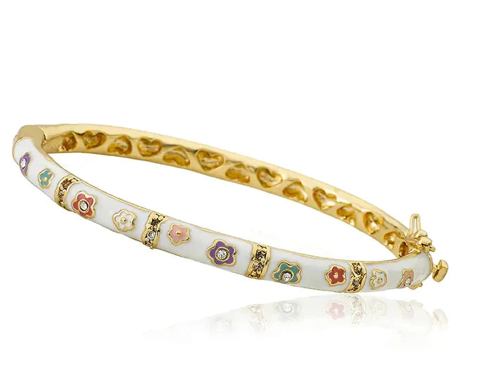 Little Miss Twin Stars 14K Gold Plated White Enamel Floral Oval Bangle - Kawaii Japanese Cute Bracelet for Women, Girls Gift, Anime Fashion Jewelry for Daily Wear & Cosplay Accessories