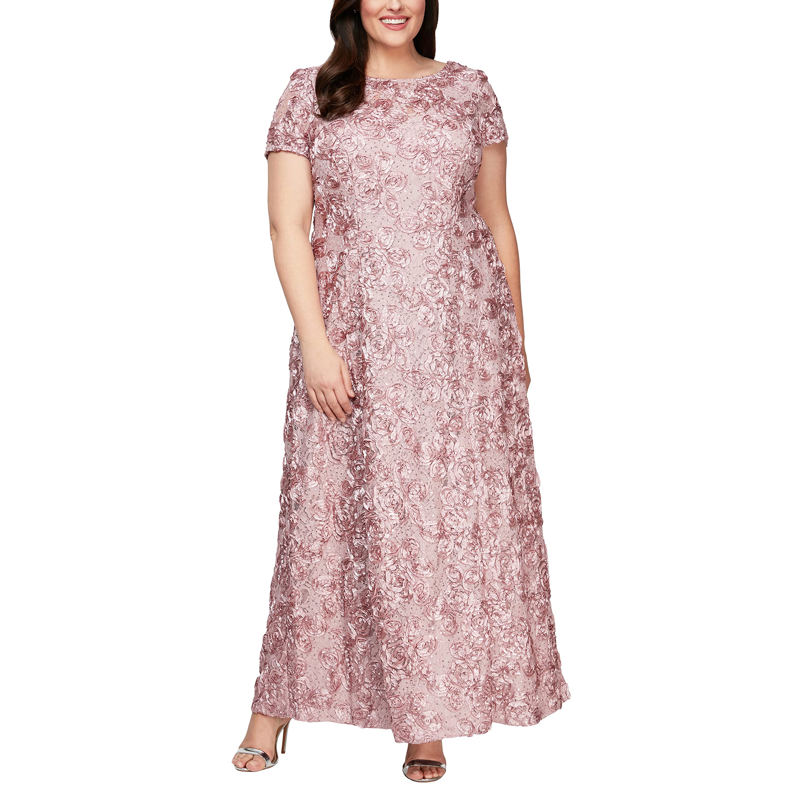 Alex Evenings Women's Plus Size Long Rosette Mother of The Bride Dress with Short Sleeves - Elegant Formal Gown for Weddings, Evening Parties & Special Occasions