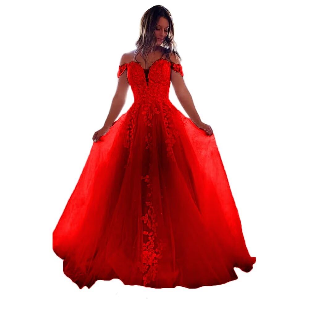 XYAYE Off Shoulder Lace Tulle Wedding Dress for Bride - Beaded Puffy Bridal Gown with Long Train | Perfect for Beach, Church, and Formal Wedding Ceremonies