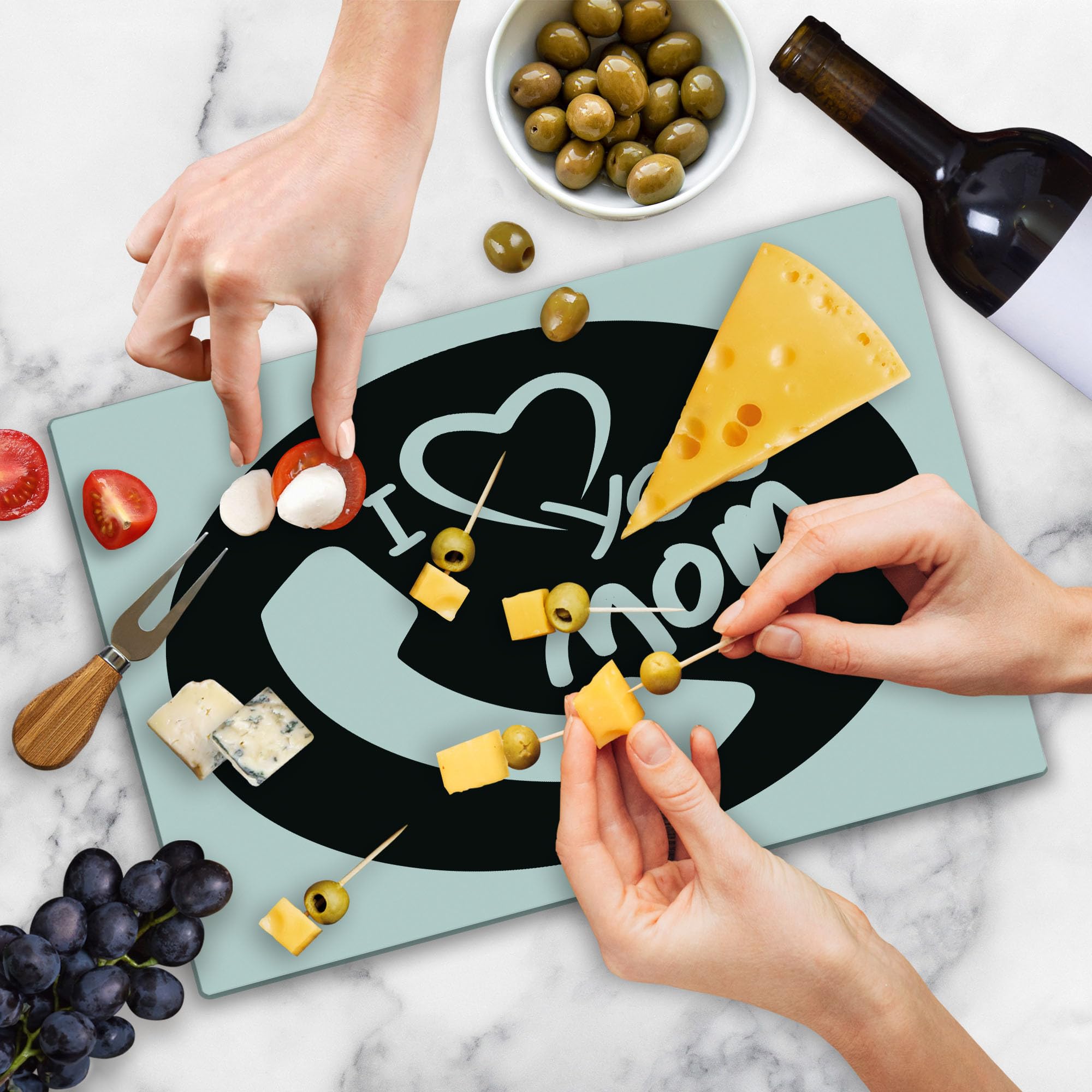 Ambesonne Call Mom Tempered Glass Cutting Board - Large Decorative Serving Board with 'I Love You Mom' Calligraphy Design, Family Values Theme & Phone Silhouette - Black & White - Perfect for Mother's Day Gifts, Kitchen Decor & Cheese Charcuterie Boards