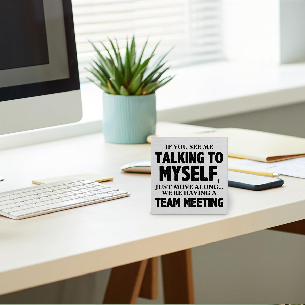 Rustic Wooden Box Sign - 'If You See Me Talking to Myself We're Having a Team Meeting' - 5x5 Inch Office Desk Decor for Home & Workplace - Perfect for Shelves, Tables & Workspace Organization