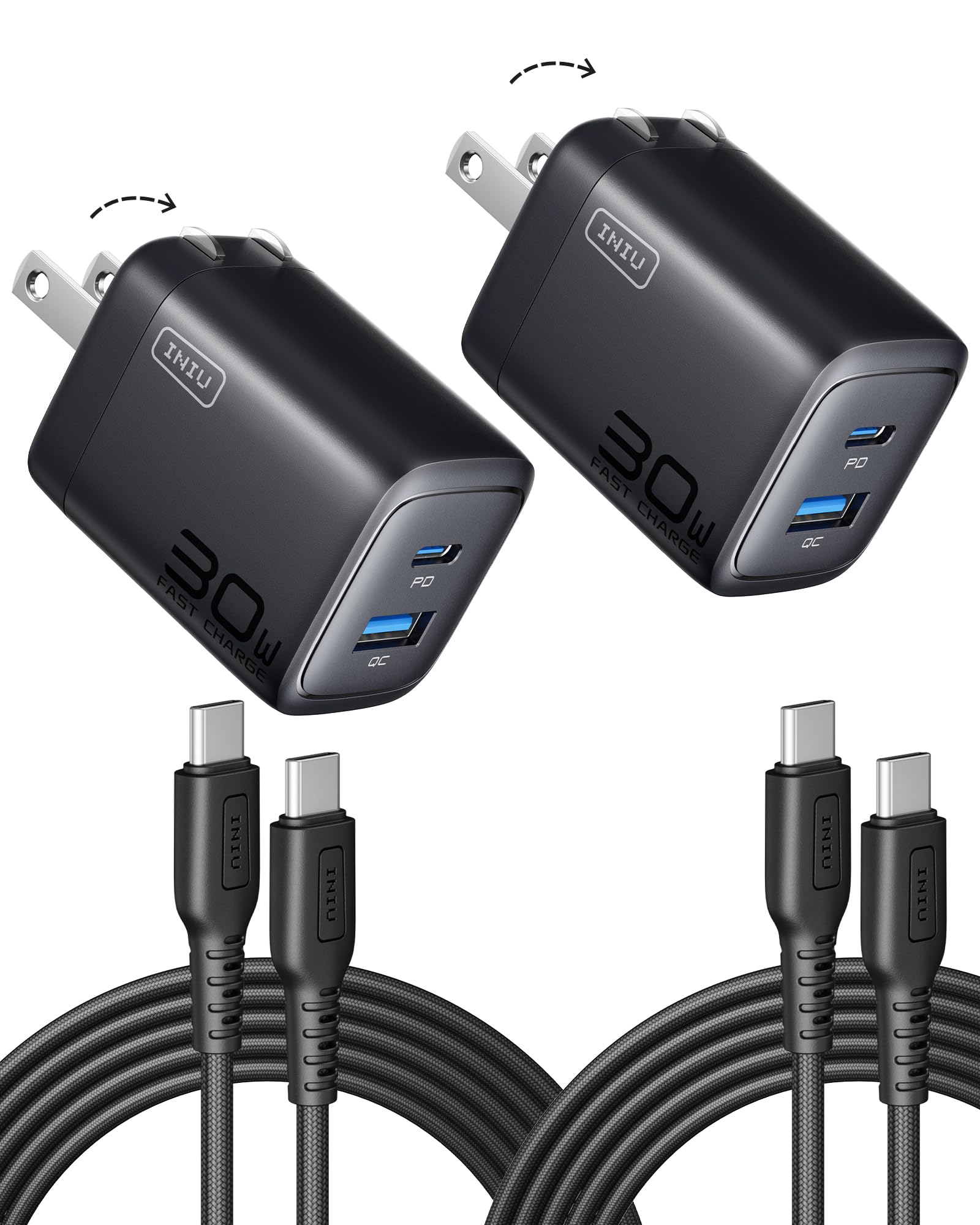 INIU 30W Dual Port USB C Fast Charger with 5ft Cable, 2-Pack PD QC 3.0 Wall Charger Block - Compact Foldable Plug for iPhone 16/15/14 Pro Max, Samsung Galaxy S23/S22 - Perfect for Travel, Home & Office Charging