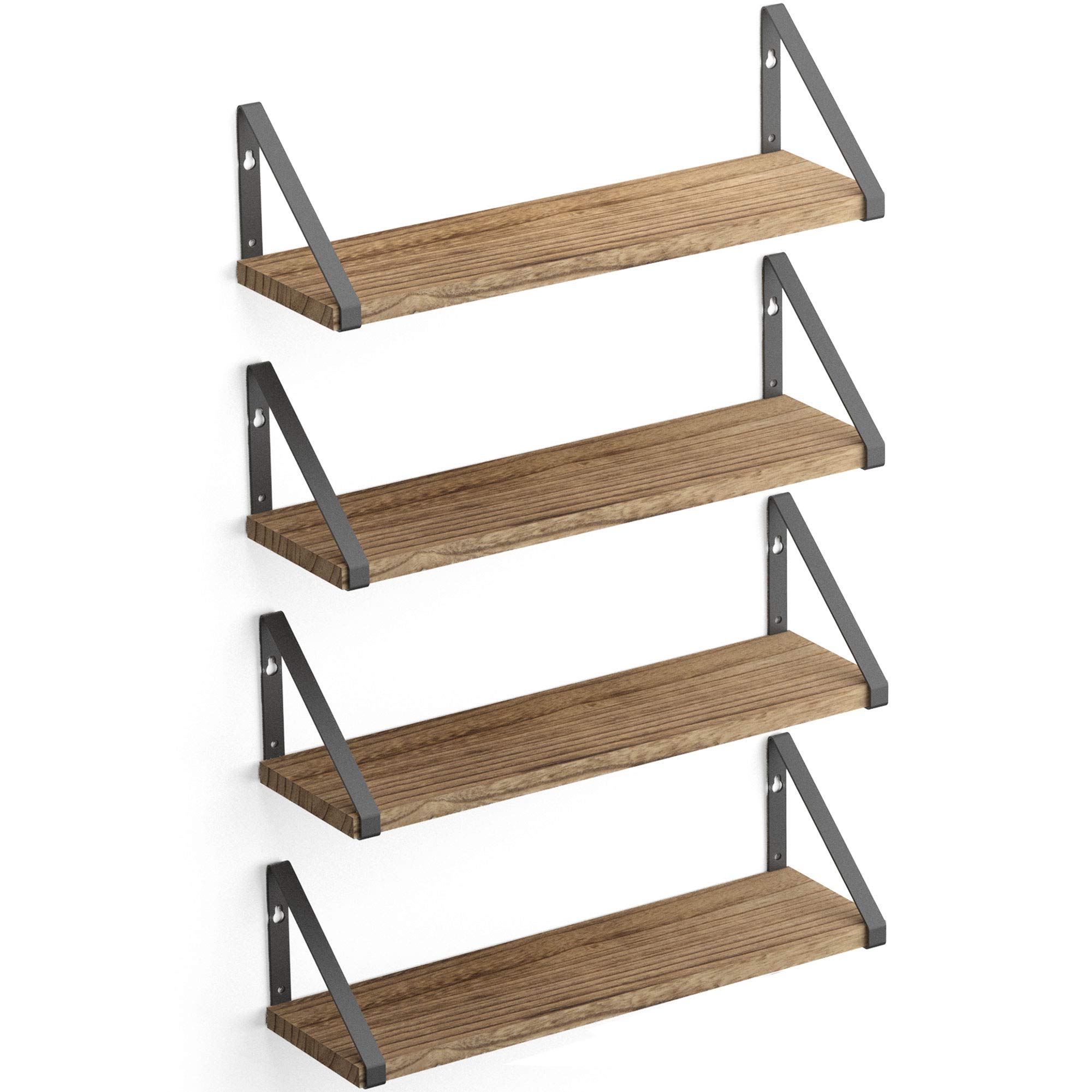 Wallniture Ponza Floating Shelves Set of 4 - Rustic Wood Wall Shelves with Metal Brackets for Bedroom, Bathroom, Living Room & Kitchen Decor | Perfect for Displaying Books, Plants & Home Decor Items