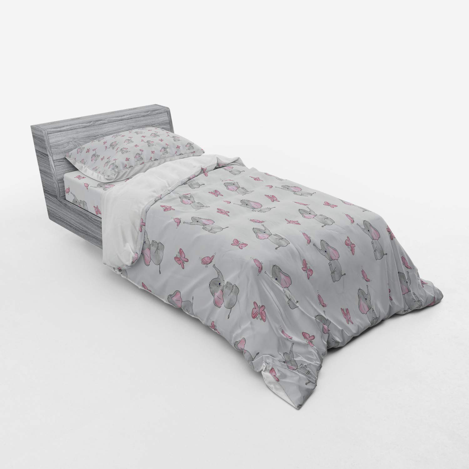 Ambesonne Animal Cartoon Bedding Set - Playing Butterflies Design 3-Piece Duvet Cover with Sham & Fitted Sheet, Twin XL Size in Pale Pink White Grey - Perfect for Kids' Rooms, Nursery Decor & Cozy Bedroom Makeovers