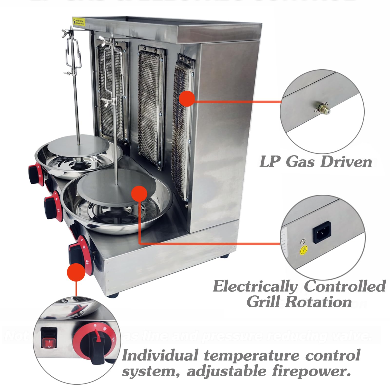 INTSUPERMAI Commercial Shawarma Grill Machine - 3 Burner LP Gas Doner Kebab Vertical Broiler | Gyro Meat Roasting Oven with Countertop Rotating Stand | Perfect for Restaurants, Food Trucks & Home Catering | Ideal for Middle Eastern & Mediterranean Cuisine