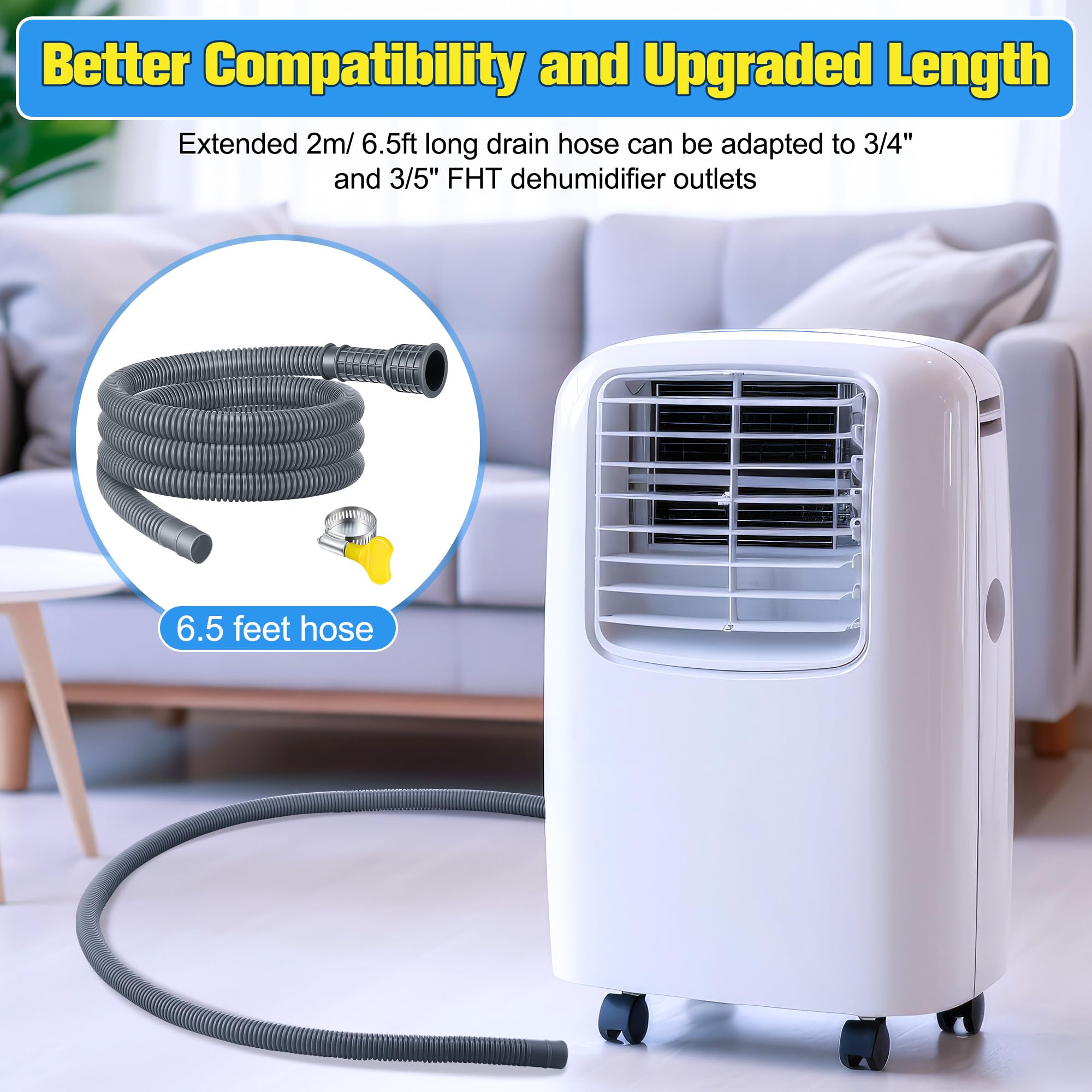 Saillong Patent Pending Universal Dehumidifier Drain Hose - 6.5ft Flexible Replacement Hose with Adjustable Rubber Adapter & Connect Clamp for Dehumidifiers, AC Units | Perfect for Basement, RV & Home Moisture Control