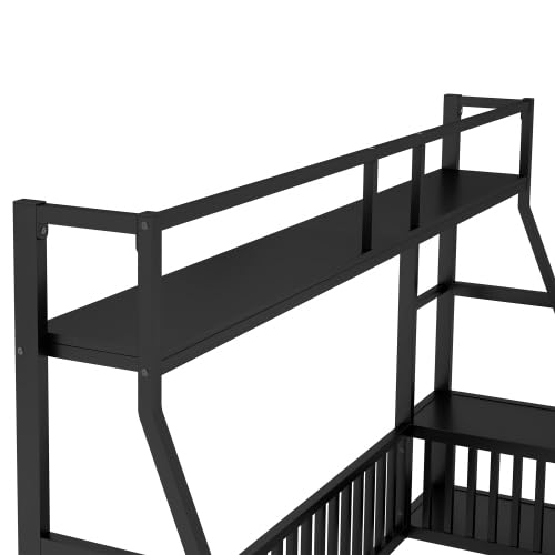 Kids Floor Bed with Safety Fence - Twin Size Metal Loft Bed with Built-in Desk & Storage Shelves for Children's Room - Black - Perfect for Small Spaces & Montessori Bedrooms