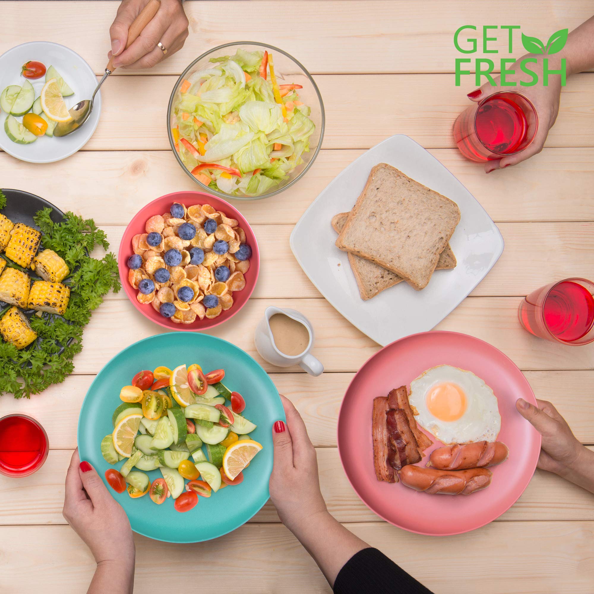 GET FRESH 4-Pack Bamboo Kids Plates Set - Eco-Friendly Reusable Bamboo Dinner Plates for Toddlers & Children - Colorful Bamboo Fiber Dinnerware Set - Durable & Safe Kids Tableware for Daily Meals, School Lunches & Picnics