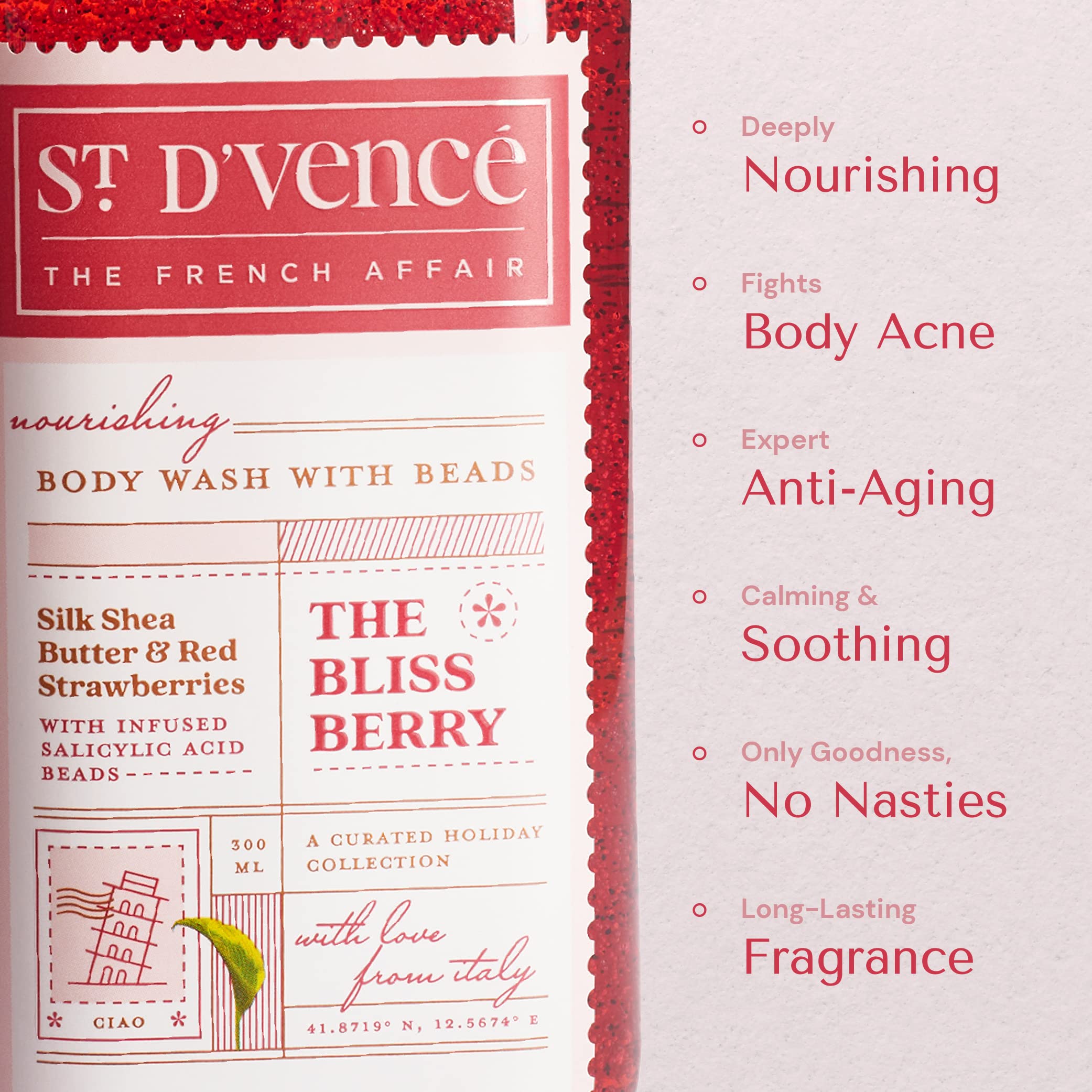 St. D'vence Bliss Berry Salicylic Acid Body Wash with Strawberry & Shea Butter - Exfoliating Shower Gel for Women & Men | Tan Removal, Paraben & SLS Free | 300ml | Perfect for Summer Skincare & Post-Sun Care