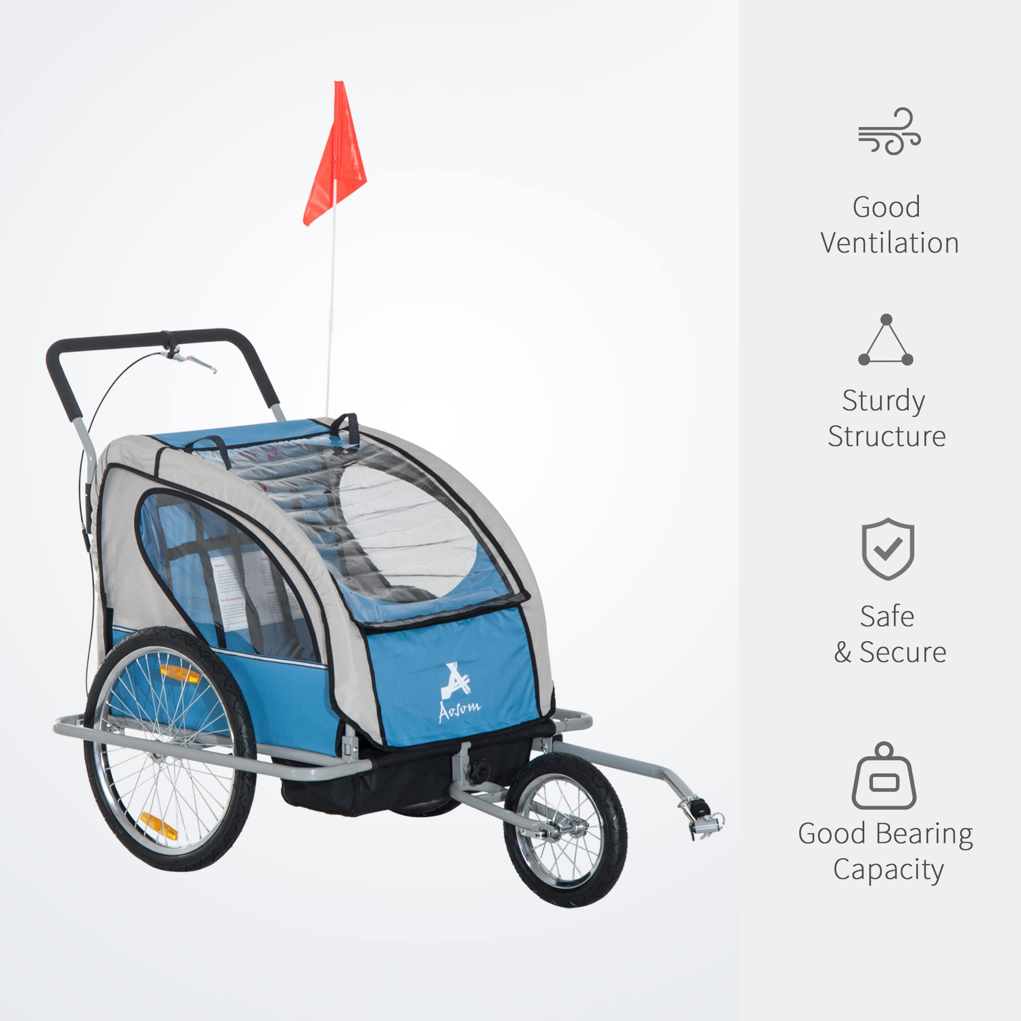 **Aosom Elite 3-Wheel Bike Trailer for Kids - Double Child Bicycle Cart with 2 Safety Harnesses & Storage Bag - Perfect for Family Rides, Groceries & Outdoor Adventures**