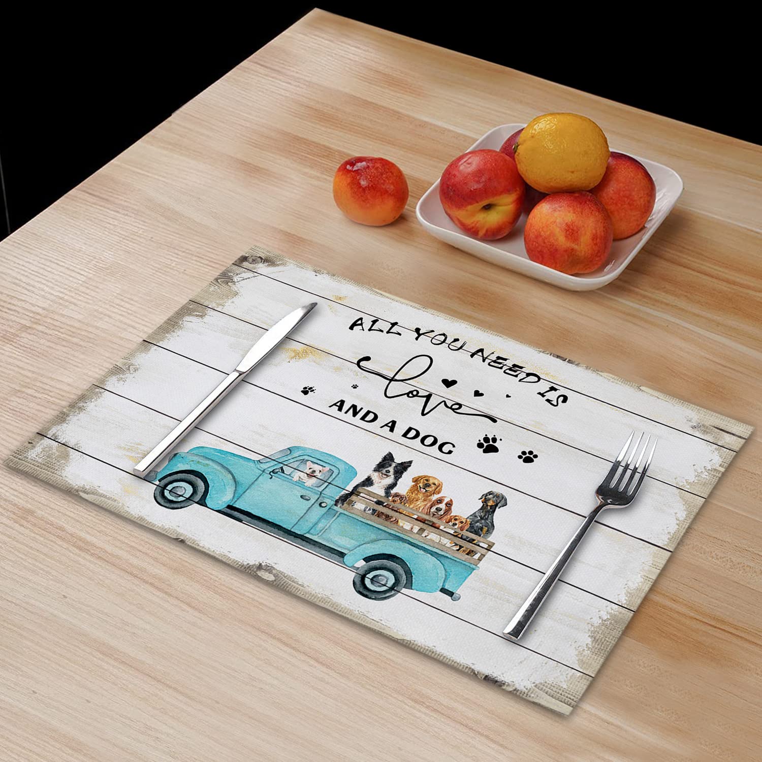 Farmhouse Blue Truck with Dogs Placemats Set of 6 - Stain Resistant Washable Table Mats for Kitchen & Dining - Rustic Wood Grain Design - Perfect for Farmhouse Decor, Family Meals & Holiday Gatherings