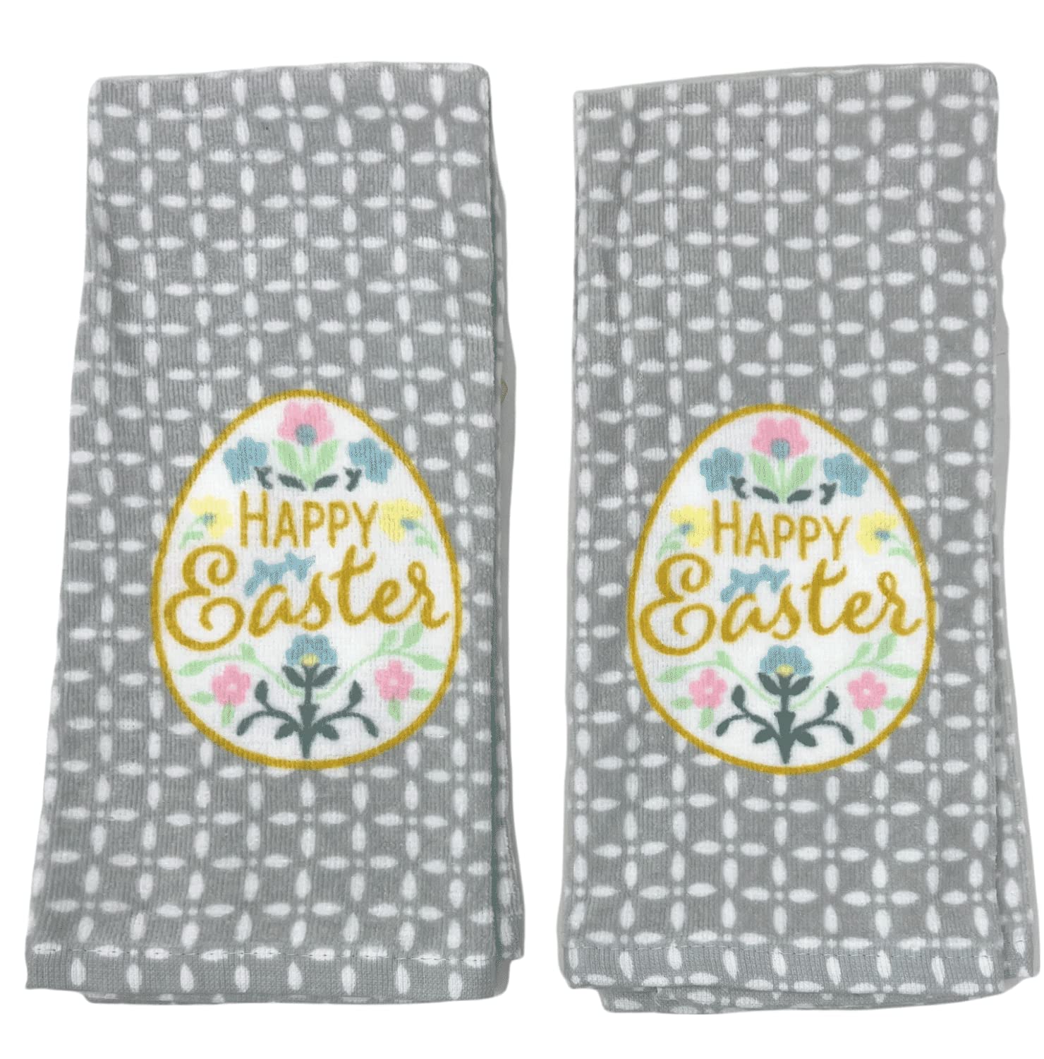 Premium Cotton Plush Kitchen Dish Towels Set of 2 - 15x25 Inch Absorbent Hand Towels for Easter Decor, Cooking & Cleaning - Happy Easter Floral Egg Design for Home & Gifts