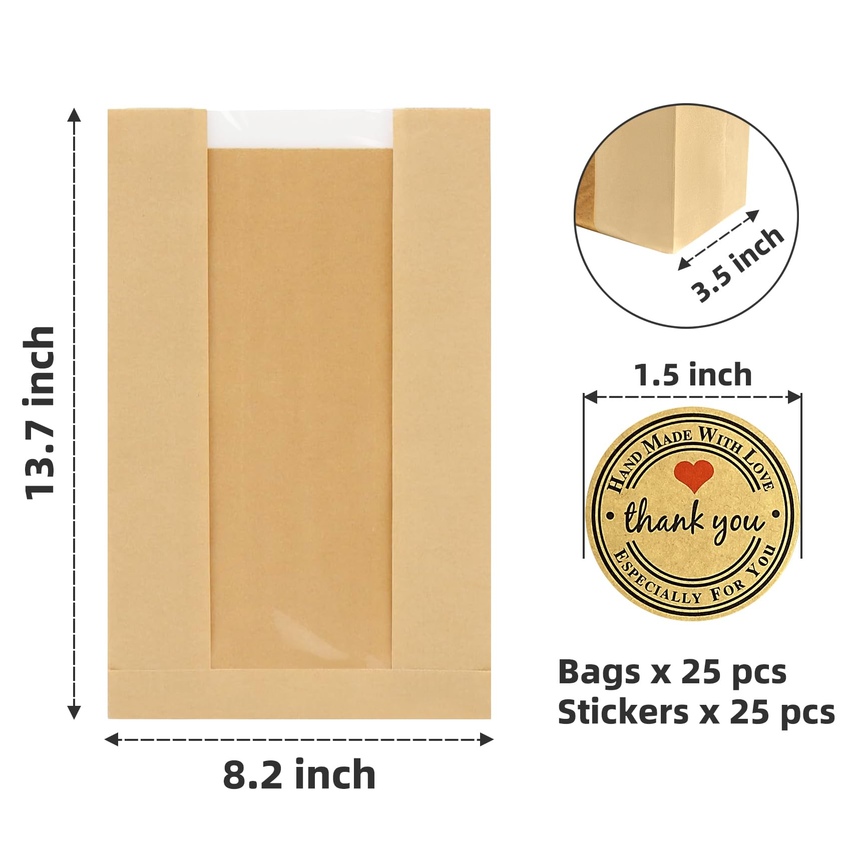 Eco-Friendly Paper Bread Bags with Window - Perfect for Homemade Sourdough, Artisan Bread Storage & Bakery Packaging (13.7