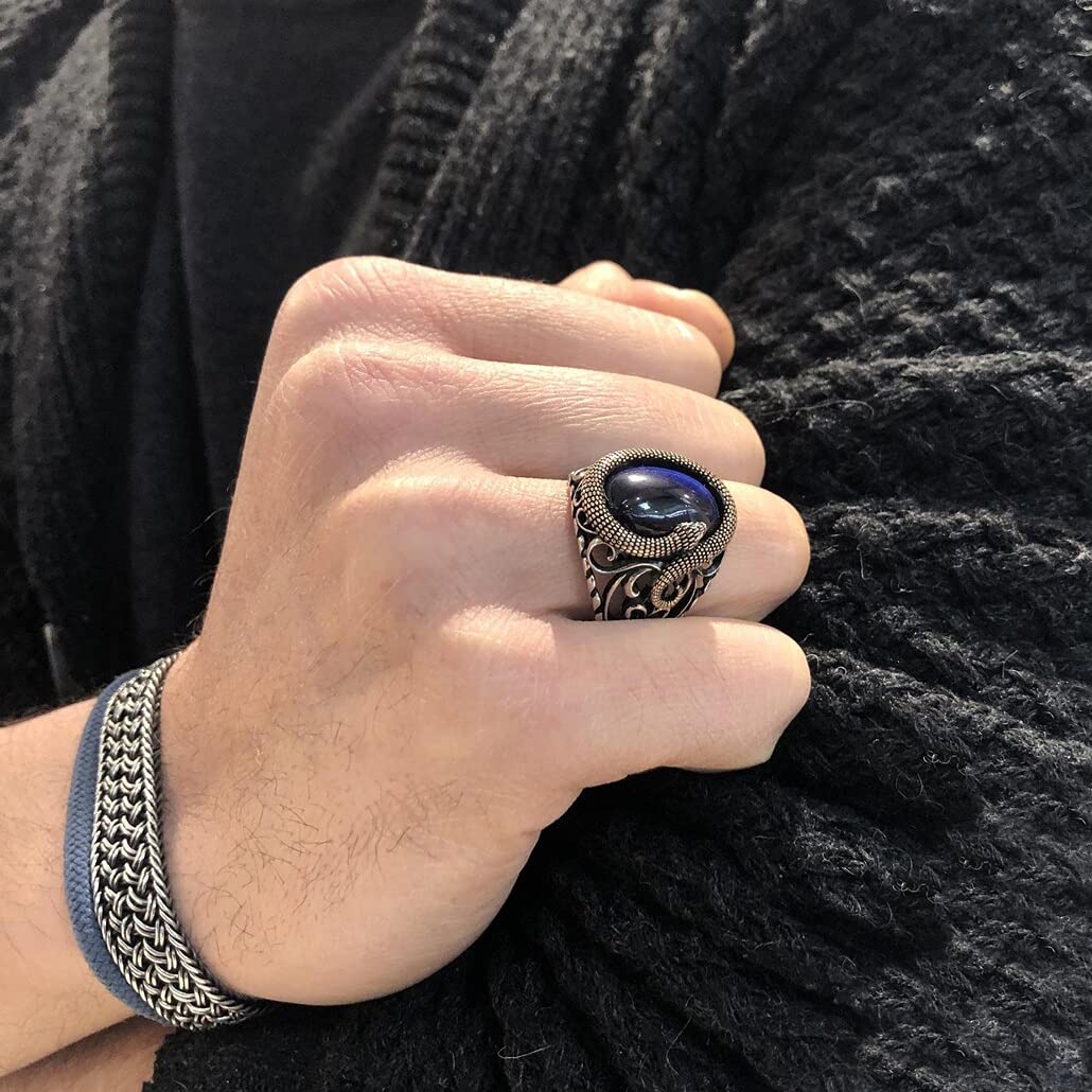 Handmade Men's 925 Sterling Silver Snake Ring with Blue Tigers Eye Gemstone - Size 10 - Unique Gothic Jewelry for Men, Perfect for Gifts, Parties, and Everyday Wear