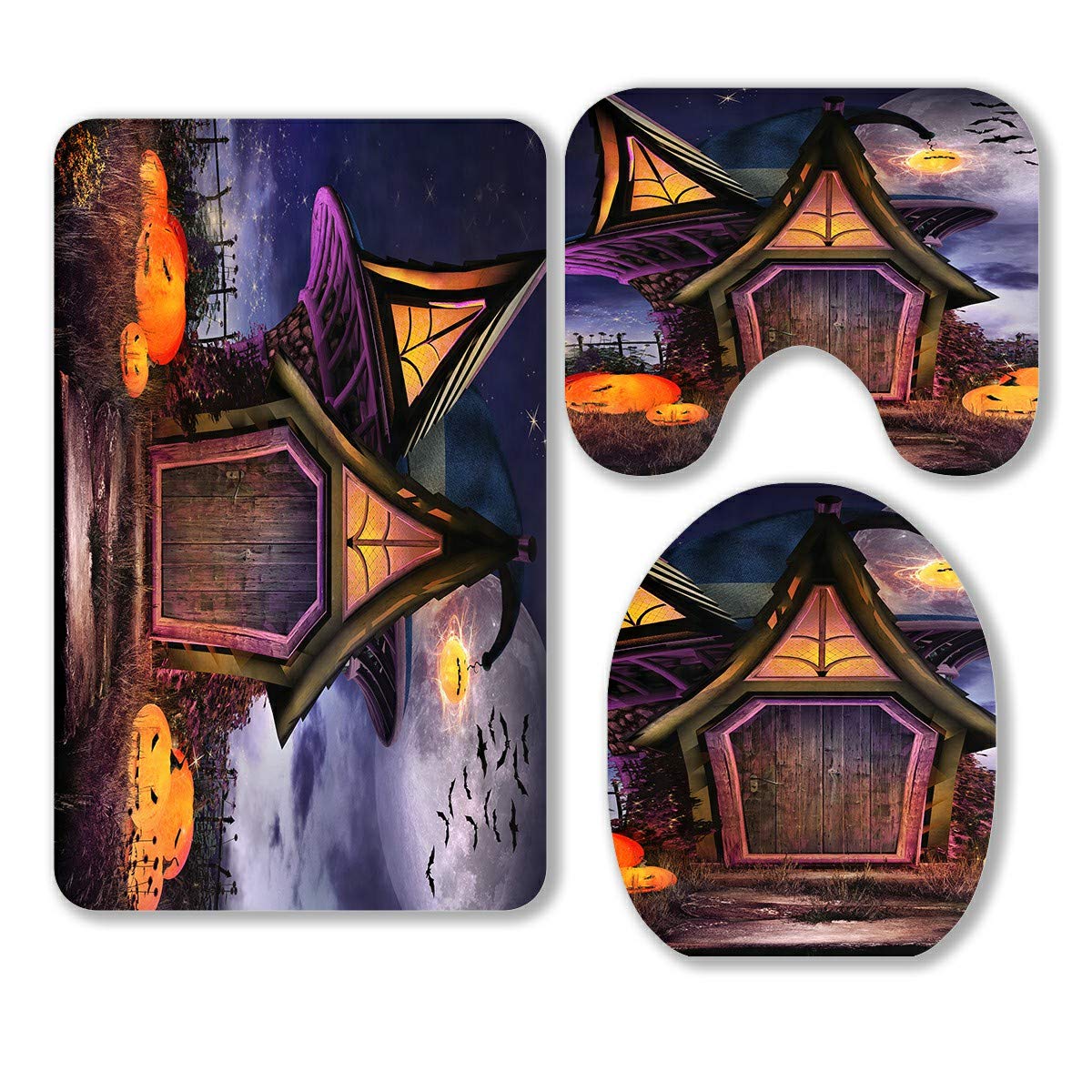 Halloween Bathroom Rug Set - 3 Piece Fantasy Hut, Pumpkins & Moon Design - Non-Slip Contour Mat & Toilet Lid Cover - Perfect for Spooky Decor, Themed Parties & Seasonal Home Decor