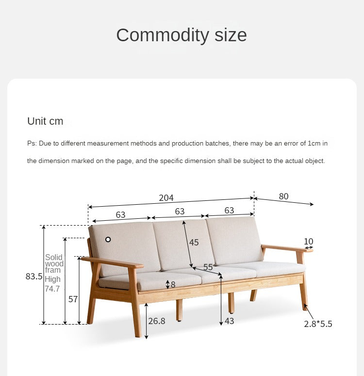 Pine Solid Wood 3-Seat Rubber Wood Straight Sofa - Durable & Stylish Living Room Furniture for Home, Office, or Lounge