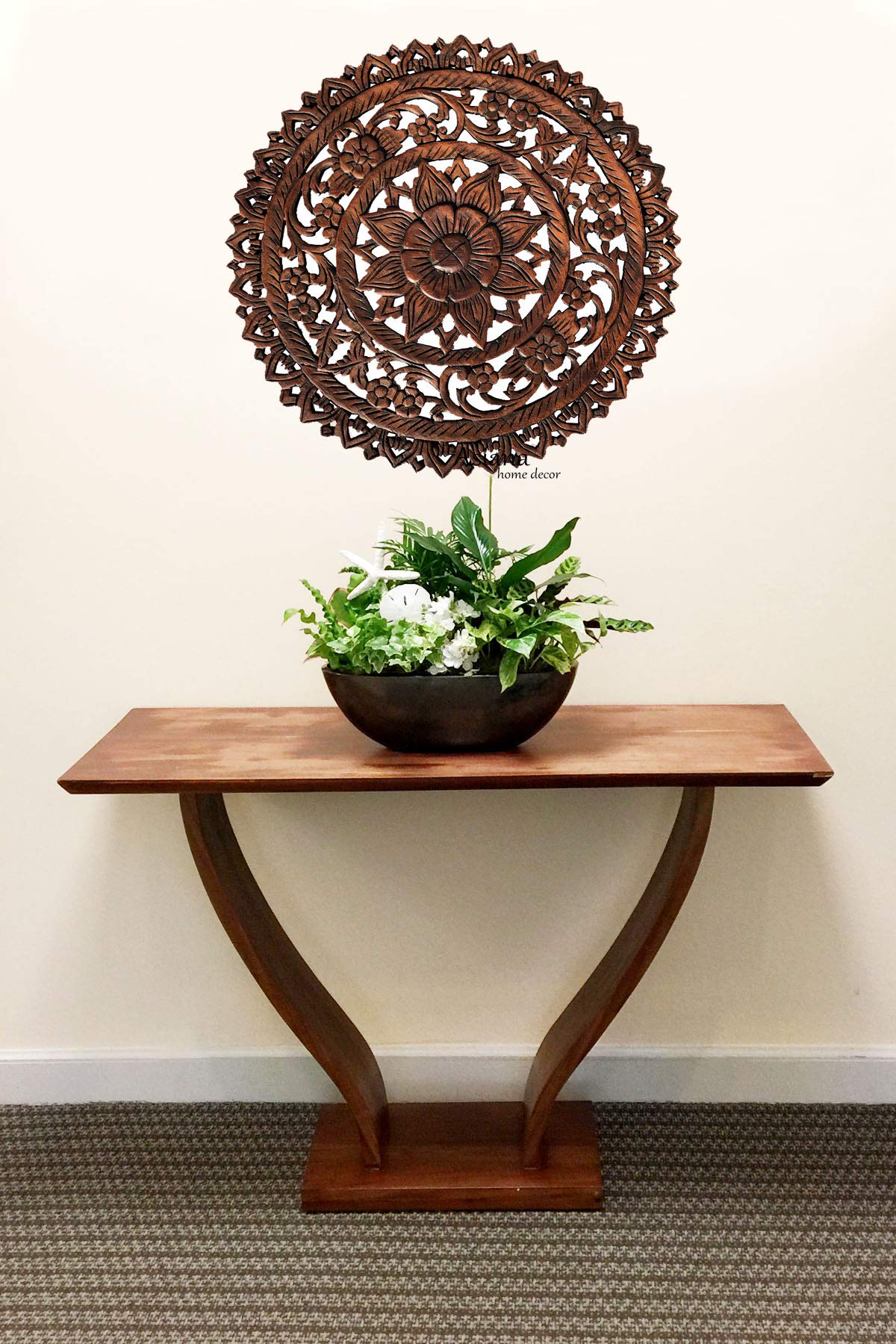 Handcrafted Tropical Bali Floral Wood Carved Wall Art Plaque - 24