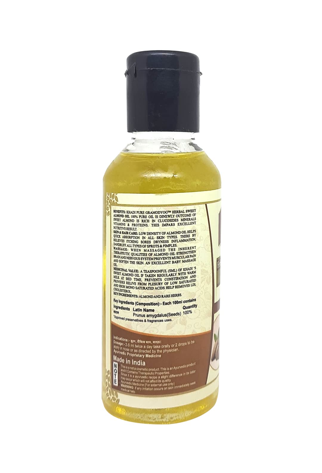Khadi Pure Herbal Sweet Almond Oil for Normal Skin - 100ml | Organic Cold Pressed Moisturizer for Face, Hair & Body Care | Perfect for Massage, Aromatherapy & DIY Beauty Recipes