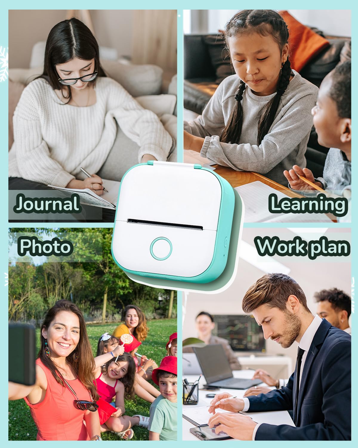 Memoqueen T02 Mini Bluetooth Thermal Sticker Printer - Portable Label Maker for Journals, DIY Scrapbooking, Travel Planning & Kids Crafts - Includes 3 Rolls Thermal Paper - iOS/Android Compatible - Green (Perfect for Home Organization, School Projects & Creative Gift Ideas)