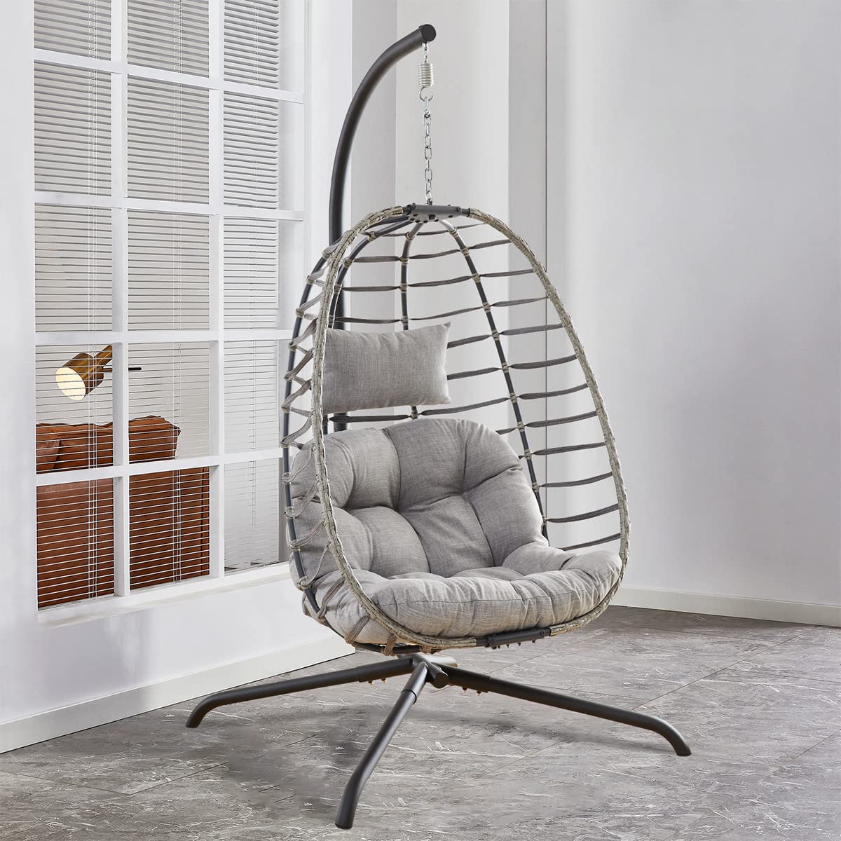 HUMMUH Hanging Egg Chair with Stand - Indoor/Outdoor Wicker Rattan Hammock Swing Chair with UV Resistant Cushion & Foldable Basket - Perfect for Bedroom, Balcony, Patio, Garden & Backyard Relaxation