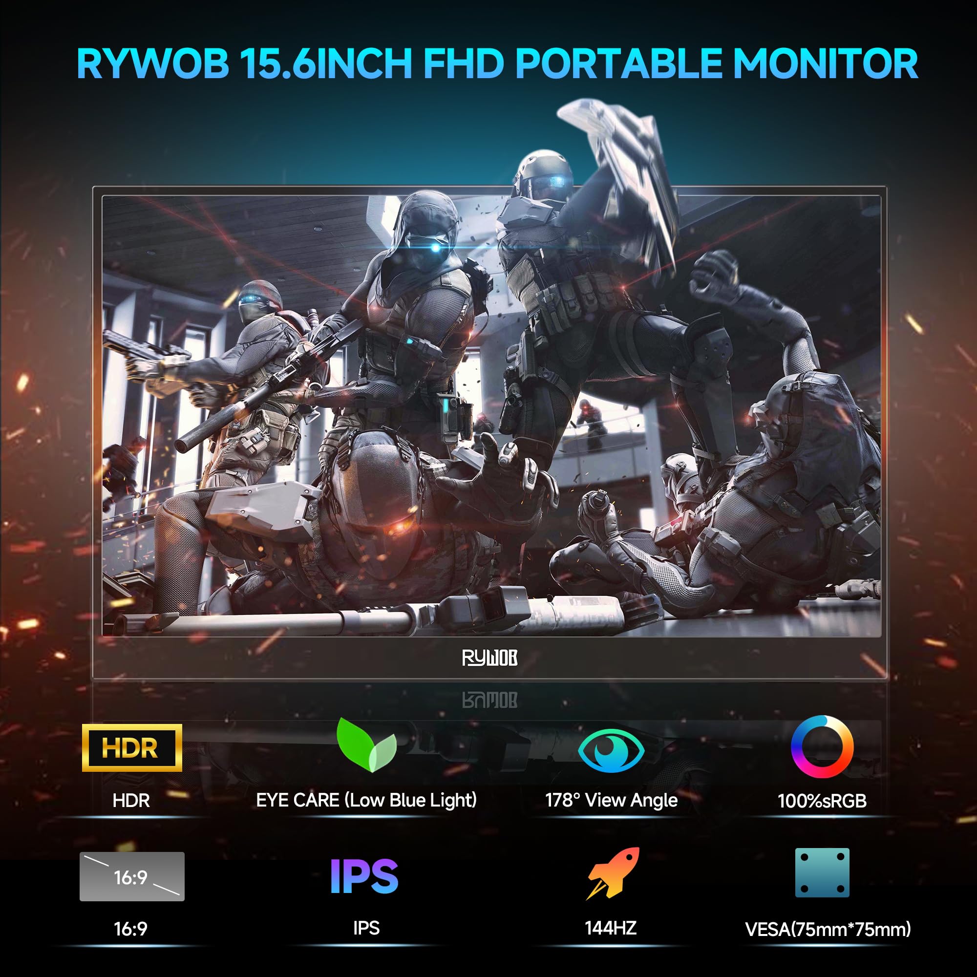 15.6 Inch Portable Gaming Monitor with IPS Screen - 144Hz Refresh Rate, Ultra Slim USB-C & HDMI Display - Compatible with Laptop, PC, PS5/4, Xbox, Mac, Nintendo Switch - Perfect for Travel, Office & Home Gaming Setup