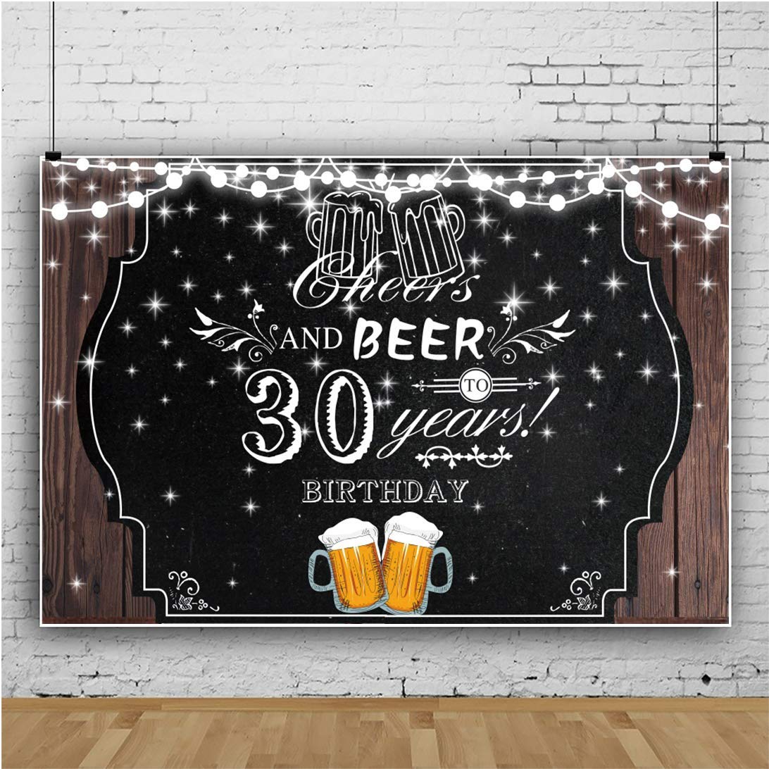 Baocicco 7x5ft Cheers & Beer Birthday Photography Backdrop - Yellow Beer Mug, Silver Bulbs, Shiny Stars on Rustic Wood Plank Design - Perfect for 30th Birthday Parties, Beer Themed Events & Studio Photo Props