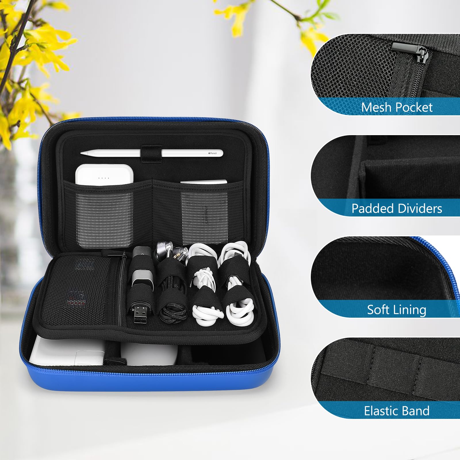 ProCase Hard Travel Electronic Organizer Case for MacBook Accessories - Compatible with Power Adapter, Chargers, Cables, Power Bank, Apple Magic Mouse, Apple Pencil, USB Flash Drive & SD Cards - Portable Storage Bag for Office, Travel & Daily Use (Large, Blue)