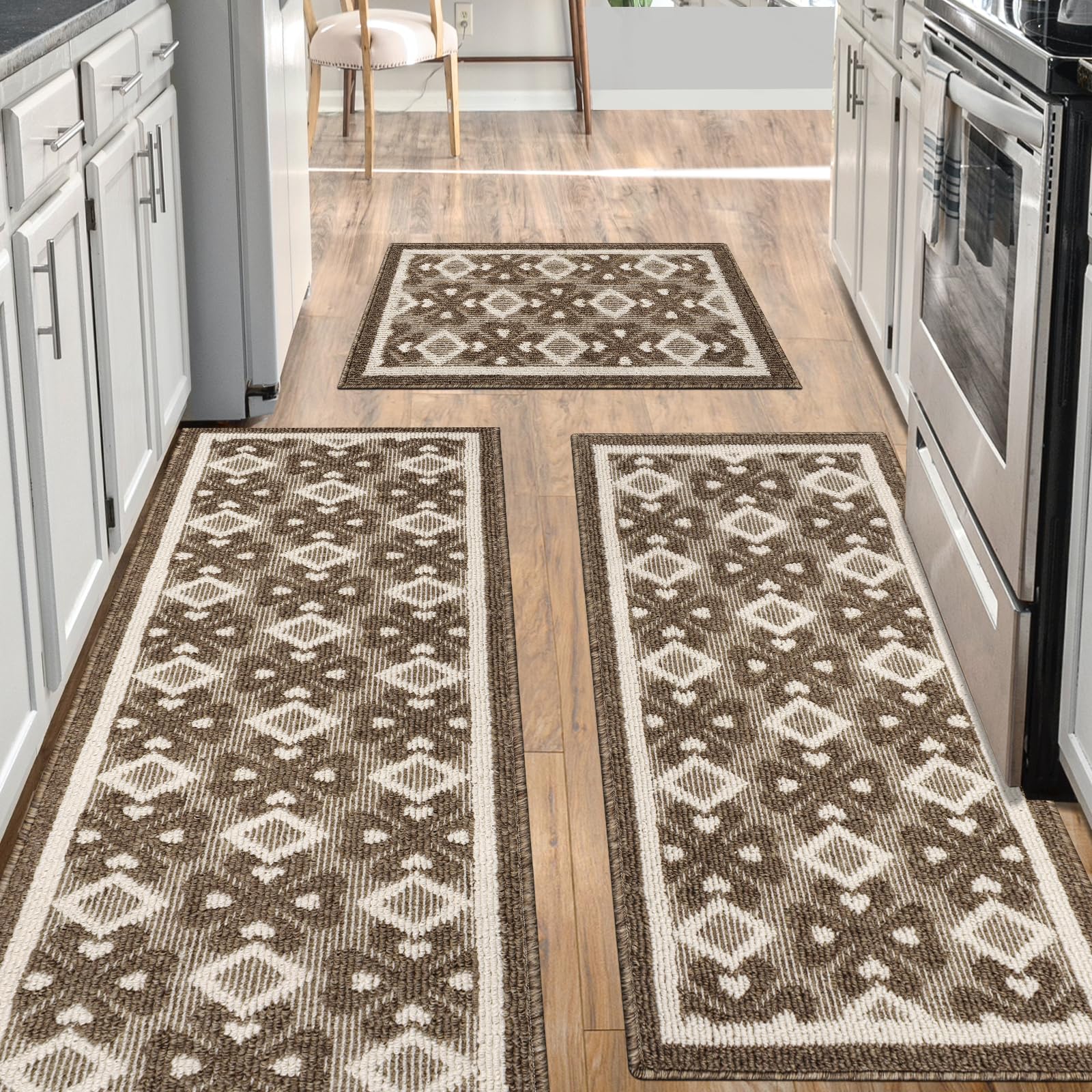 3-Piece Non-Slip Kitchen Rugs Set - Super Absorbent Washable Floor Mats for Kitchen, Bathroom, Office & Sink (Brown, 19.7