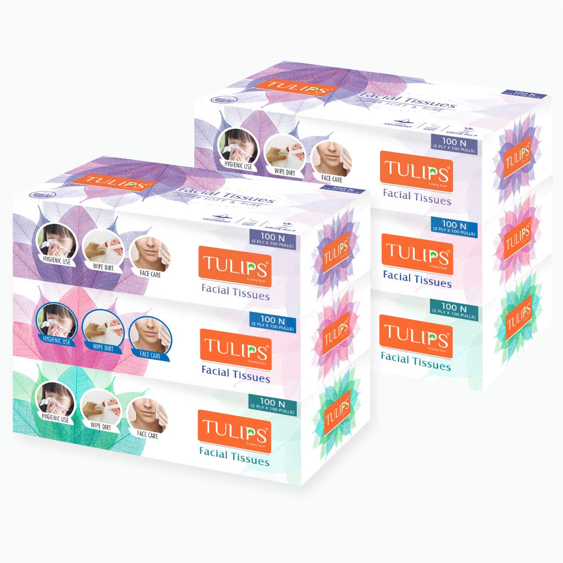 Premium 2-Ply Tulip Facial Tissues - Ultra Soft & Pure, 100 Sheets per Box (6-Pack) | Gentle for Skin, Perfect for Home, Office & Car Use