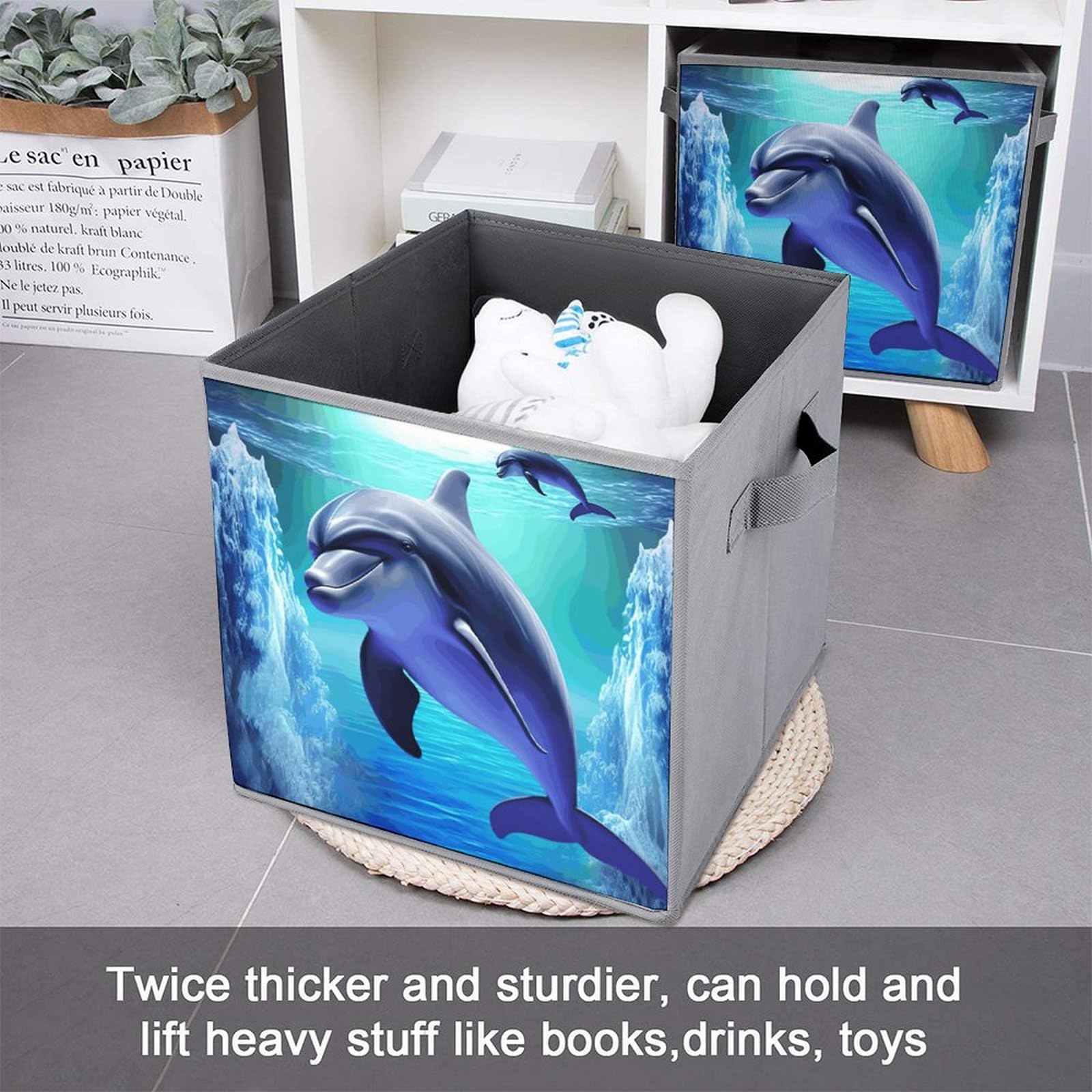 Foldable Storage Bins with Handles - Large Capacity Dolphin Printed Organizer for Playroom, Office & Home