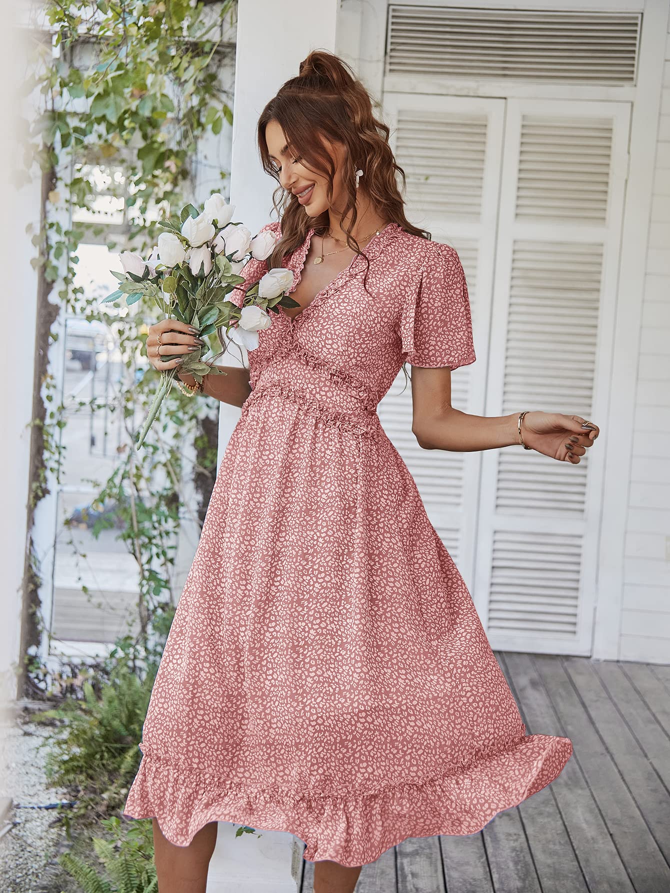 GOLDSTITCH Women's Summer 2025 Casual Maxi Dress - Deep V Neck Ruffle Floral Print Long Dress for Beach, Vacation & Outdoor Parties | Lightweight Comfortable Boho Style