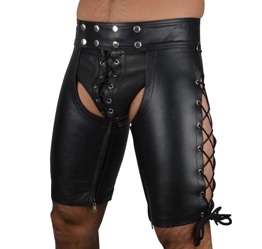 **Men's Genuine Cowhide Leather Shorts - Gay Chap Style with Front Laces | Perfect for Motorcycle Riding, Biker Events & Nightlife Outfits**