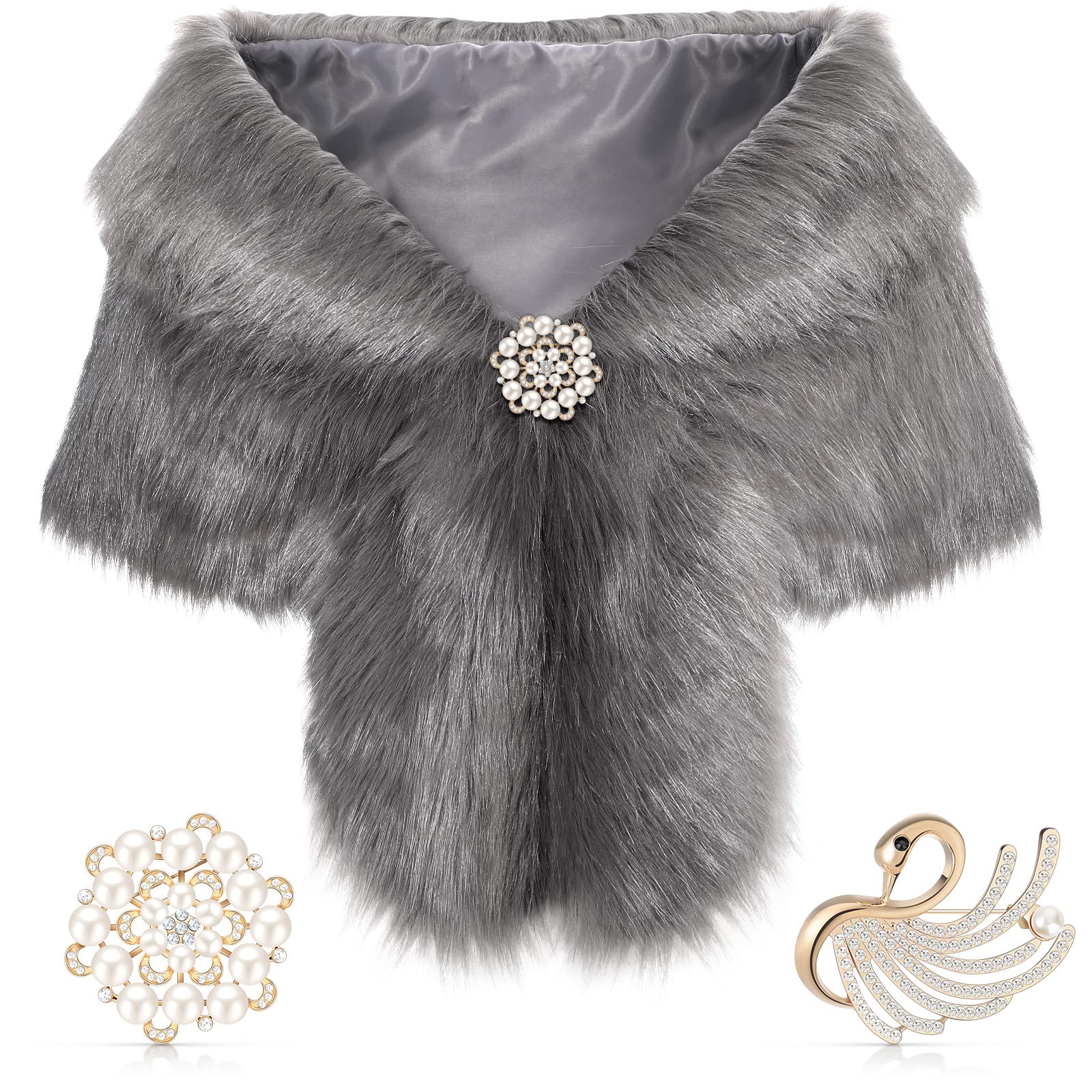 Luxury Faux Fur Shawl Wrap - Elegant Winter Bridal Wedding Scarf with Pearl Rhinestone Brooch for Women | 1920s Inspired Vintage Accessory | Perfect for Evening Parties, Date Nights & Special Occasions